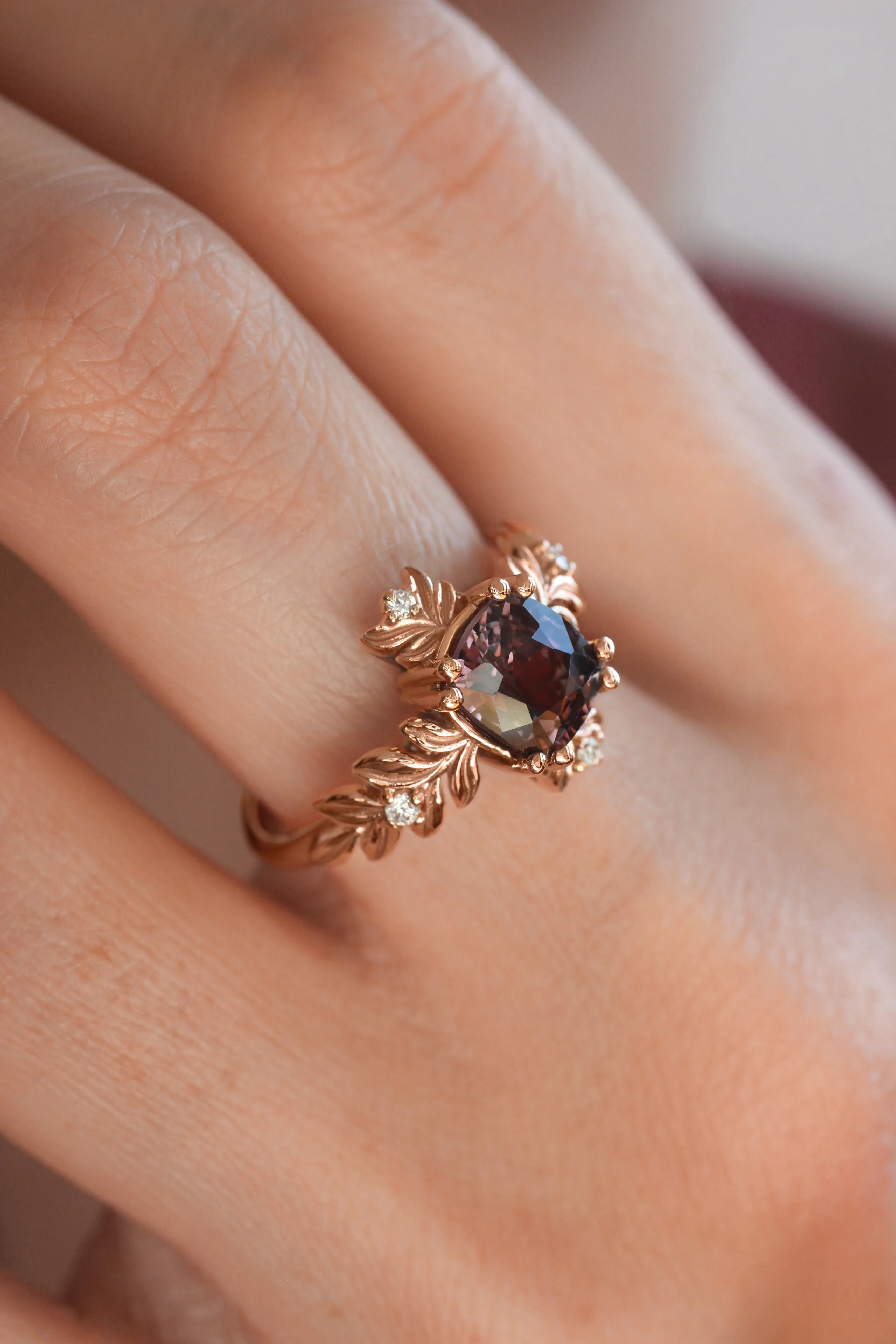 Purple spinel ring with diamonds, leaf engagement ring