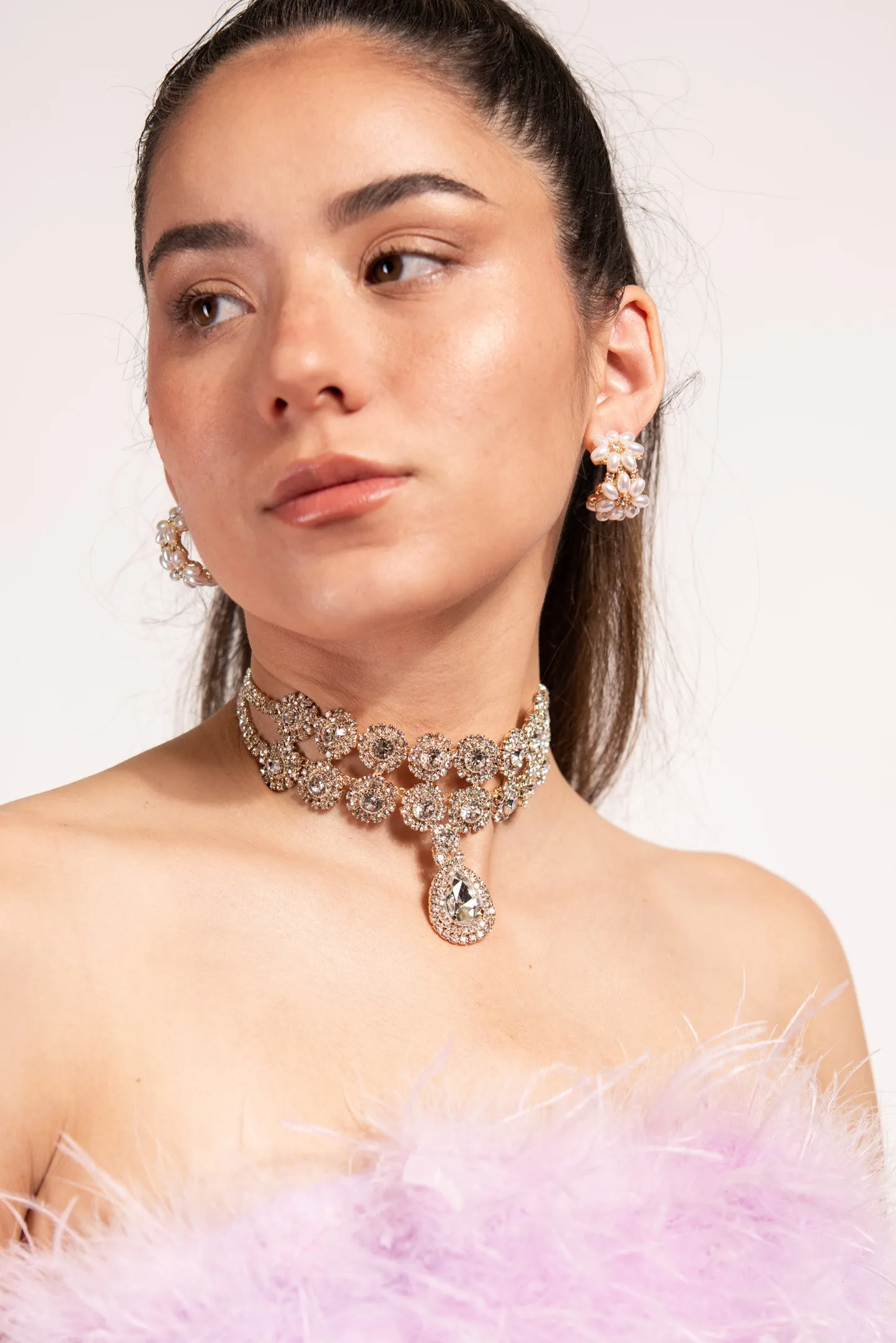 Raina Double Layer Halo Rhinestone Teardrop Choker