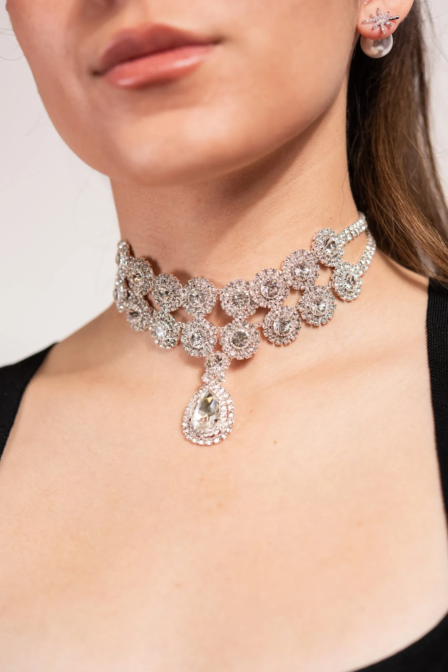 Raina Double Layer Halo Rhinestone Teardrop Choker