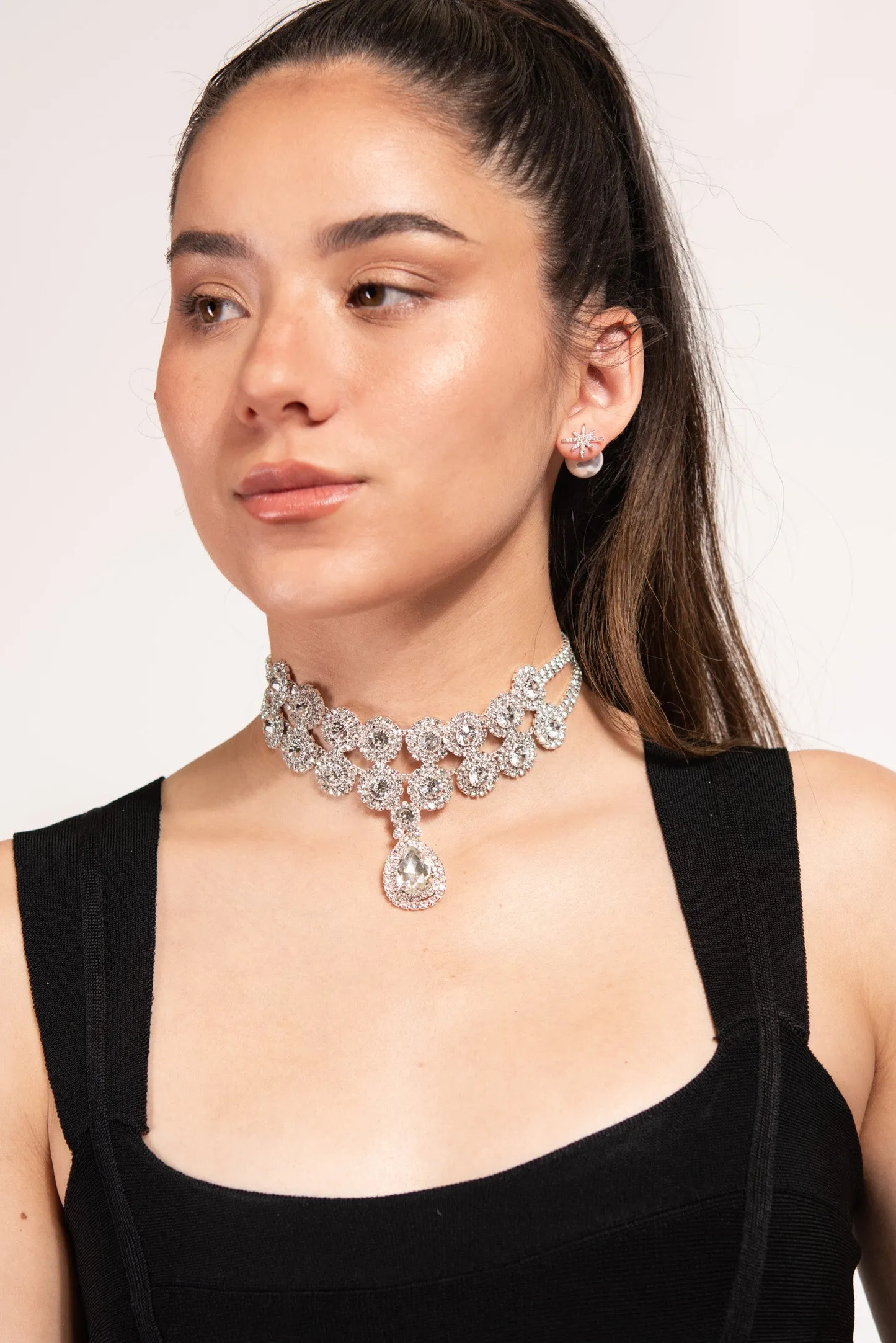 Raina Double Layer Halo Rhinestone Teardrop Choker