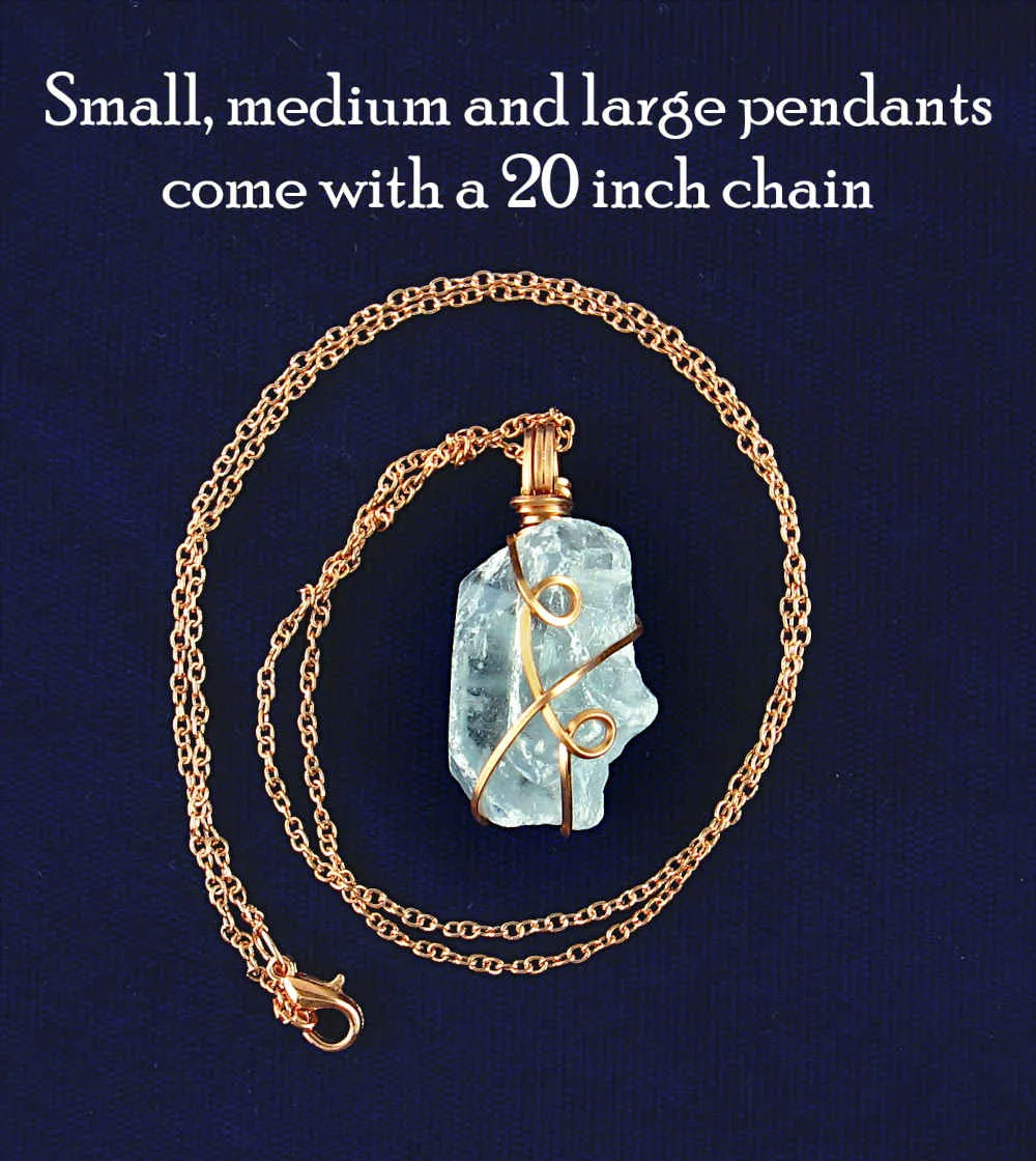 Raw Blue Celestite Crystal Pendant, Copper Wire-Wrapped, with Chain, Handmade