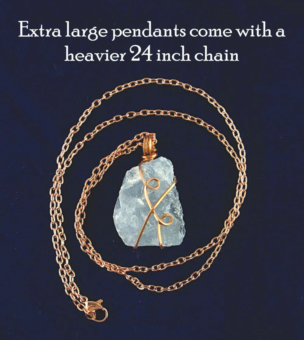 Raw Blue Celestite Crystal Pendant, Copper Wire-Wrapped, with Chain, Handmade