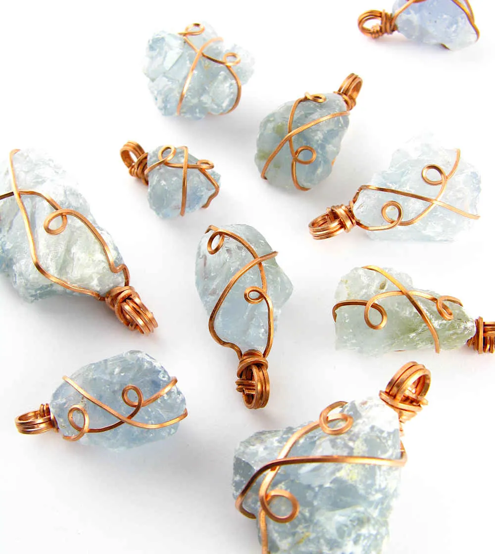 Raw Blue Celestite Crystal Pendant, Copper Wire-Wrapped, with Chain, Handmade