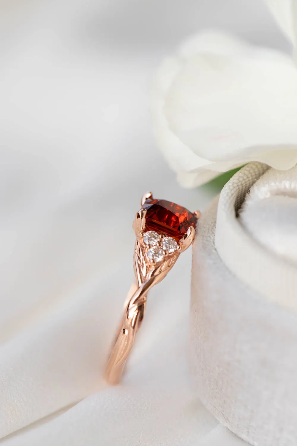 READY TO SHIP: Gloria ring in 14K rose gold, natural garnet emerald cut 7x5 mm, accents moissanites, AVAILABLE RING SIZES: 6-8US