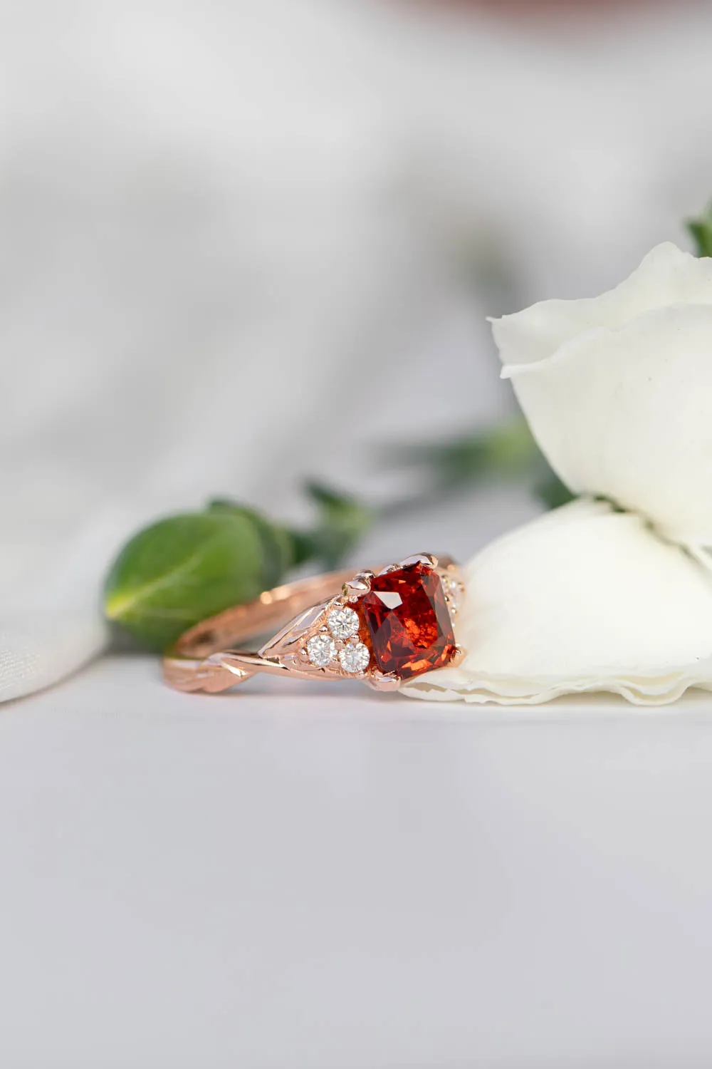 READY TO SHIP: Gloria ring in 14K rose gold, natural garnet emerald cut 7x5 mm, accents moissanites, AVAILABLE RING SIZES: 6-8US