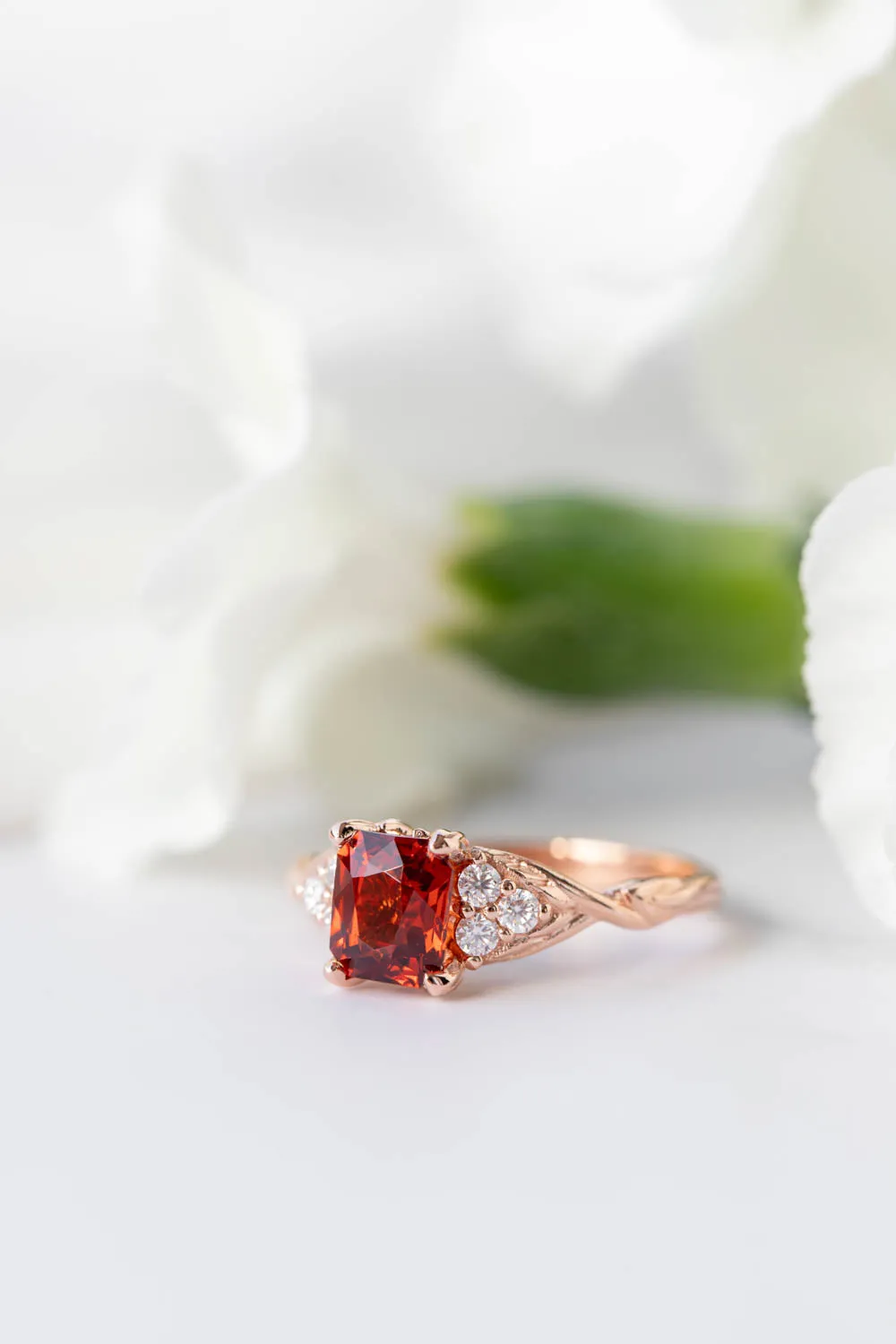 READY TO SHIP: Gloria ring in 14K rose gold, natural garnet emerald cut 7x5 mm, accents moissanites, AVAILABLE RING SIZES: 6-8US