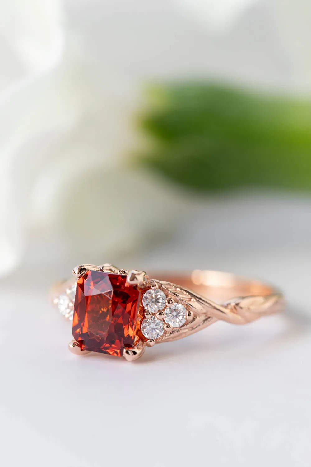 READY TO SHIP: Gloria ring in 14K rose gold, natural garnet emerald cut 7x5 mm, accents moissanites, AVAILABLE RING SIZES: 6-8US