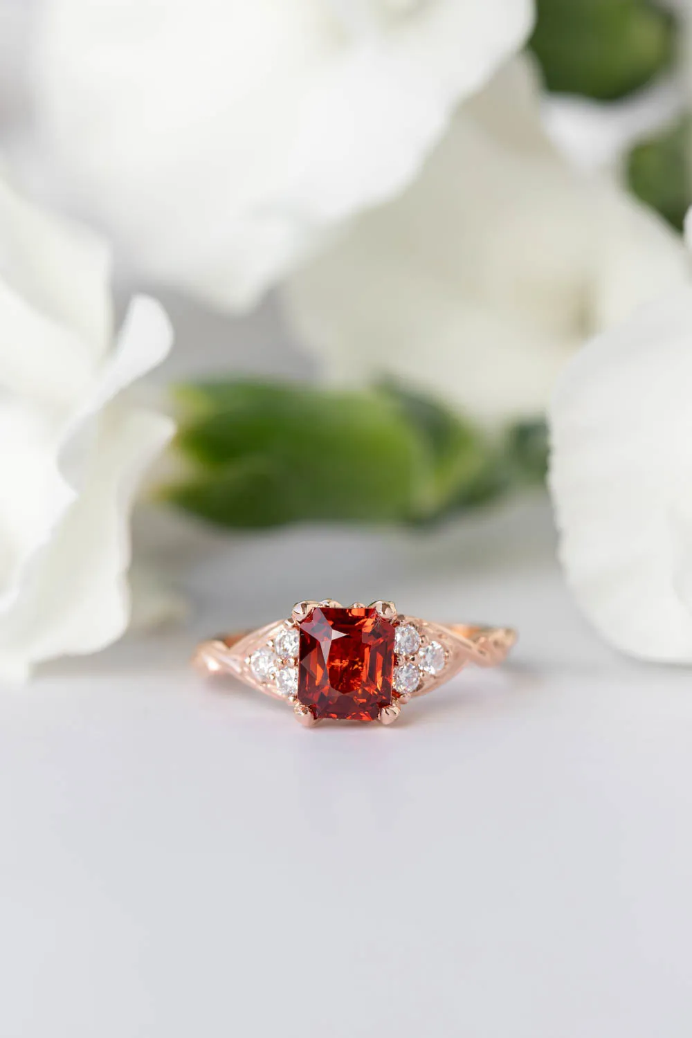 READY TO SHIP: Gloria ring in 14K rose gold, natural garnet emerald cut 7x5 mm, accents moissanites, AVAILABLE RING SIZES: 6-8US