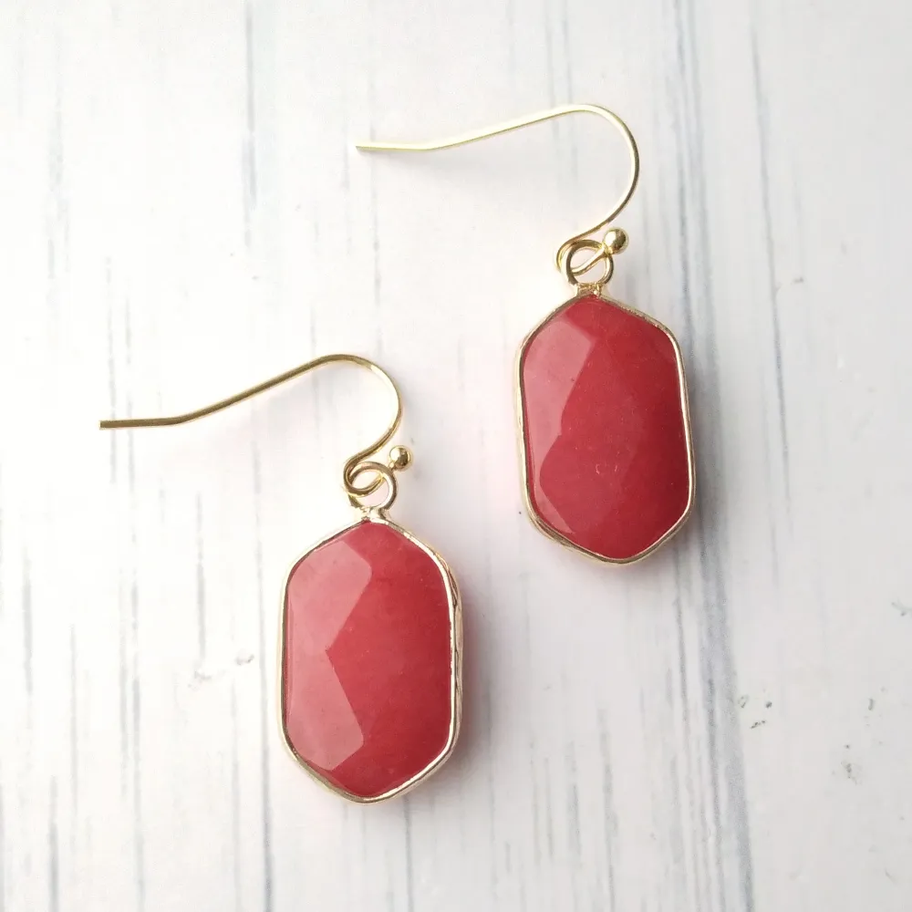 Red Jade Single Gem Drop  Earrings