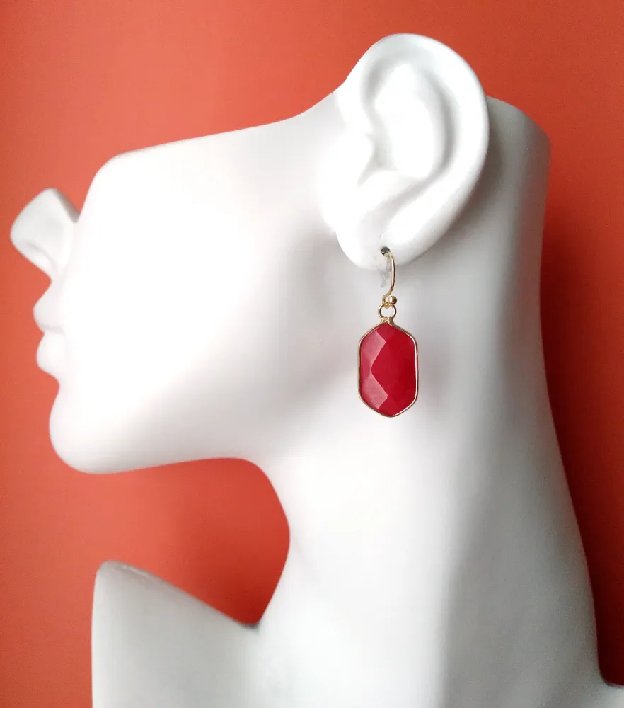 Red Jade Single Gem Drop  Earrings