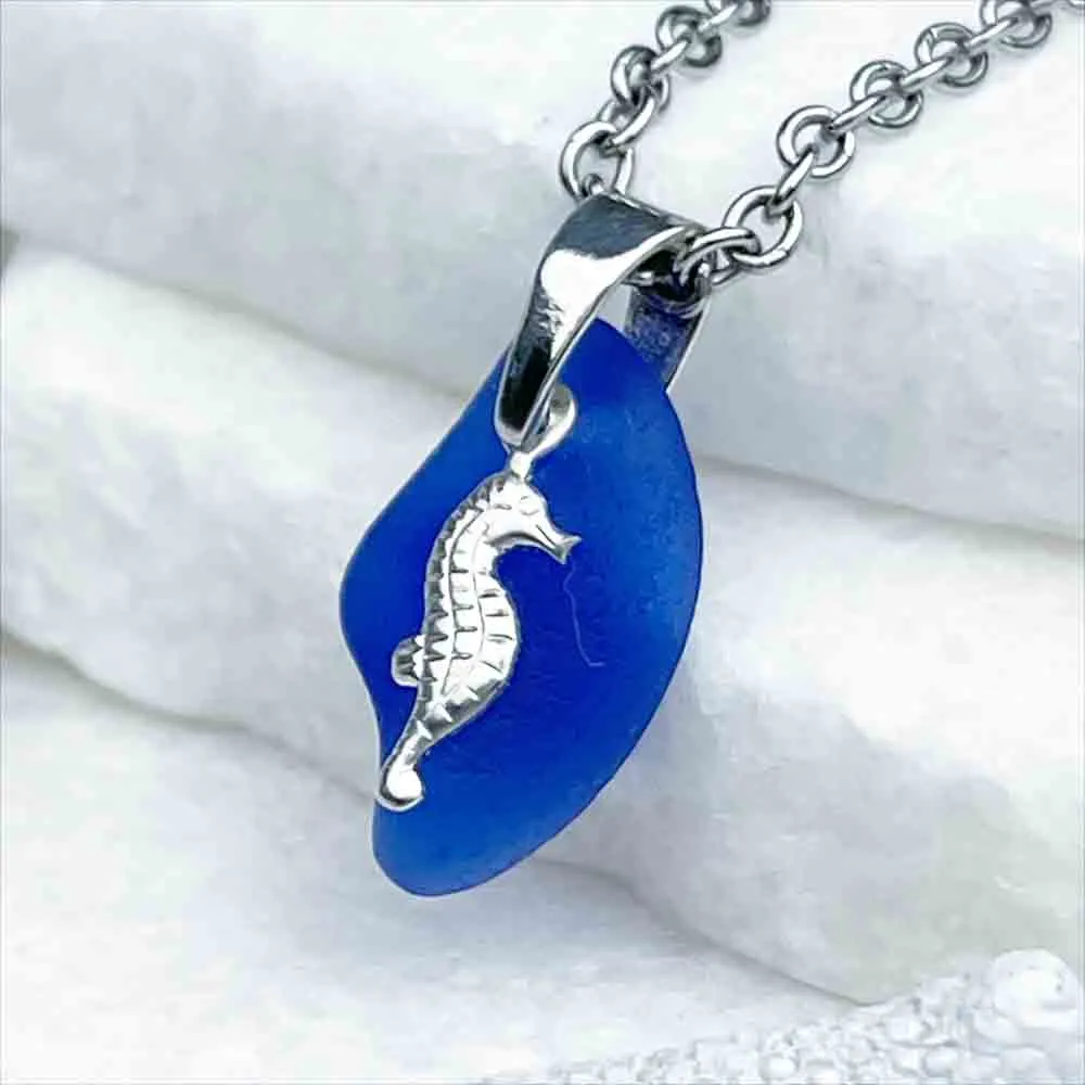 Refreshing Cobalt Blue Sea Glass Pendant with Sterling Silver Seahorse Charm | 5262