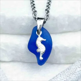 Refreshing Cobalt Blue Sea Glass Pendant with Sterling Silver Seahorse Charm | 5262