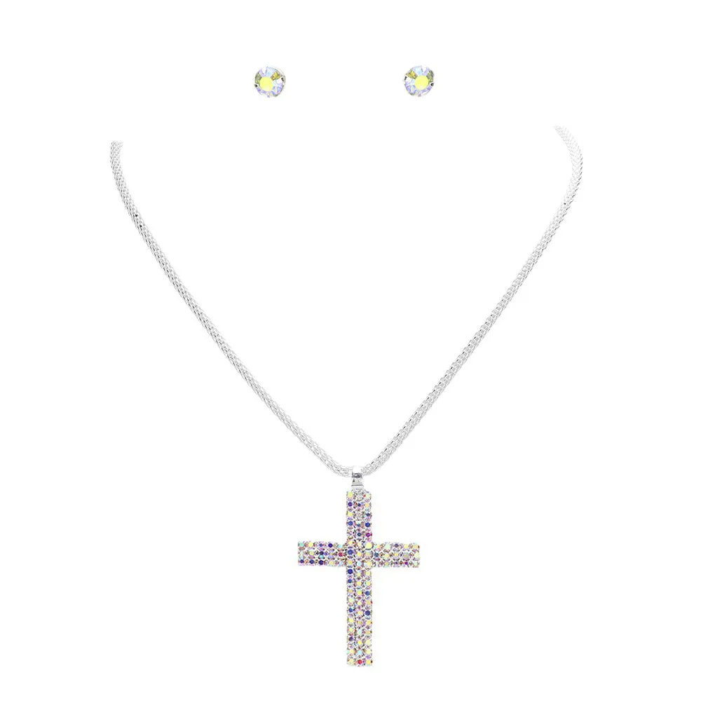 Rhinestone Paved Cross Pendant Jewelry Set