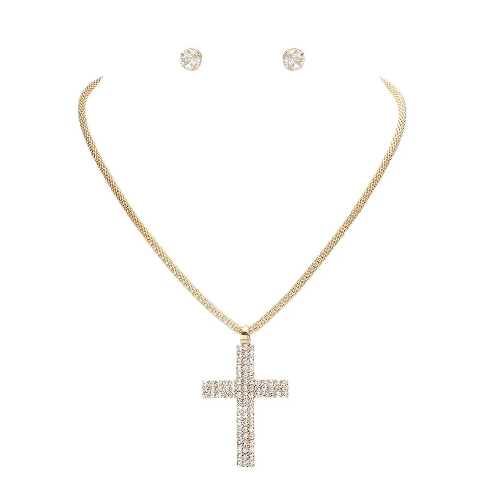 Rhinestone Paved Cross Pendant Jewelry Set