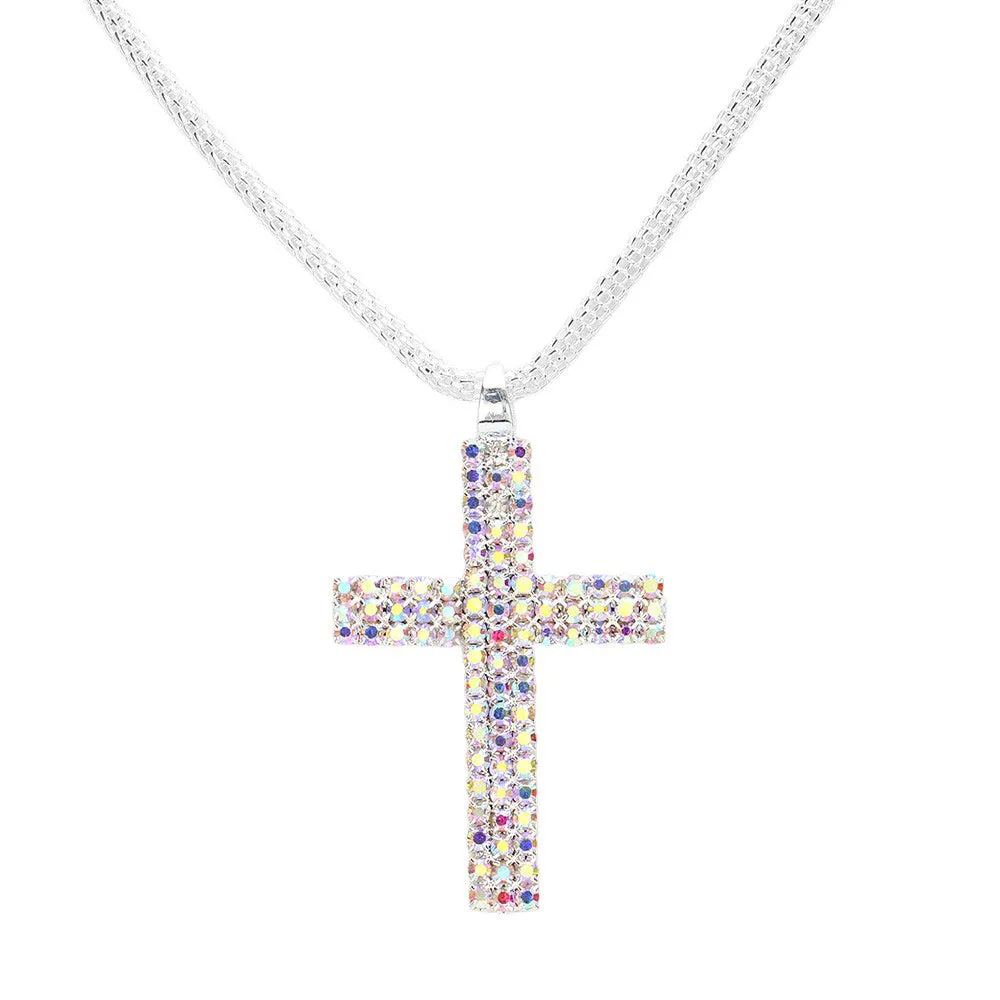 Rhinestone Paved Cross Pendant Jewelry Set