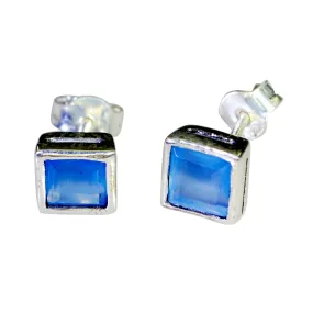 Riyo Engaging 925 Sterling Silver Earring For Femme Blue Chalcedony Earring Bezel Setting Blue Earring Stud Earring