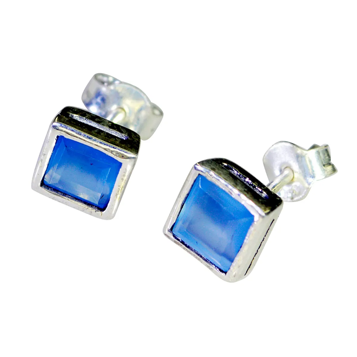 Riyo Engaging 925 Sterling Silver Earring For Femme Blue Chalcedony Earring Bezel Setting Blue Earring Stud Earring