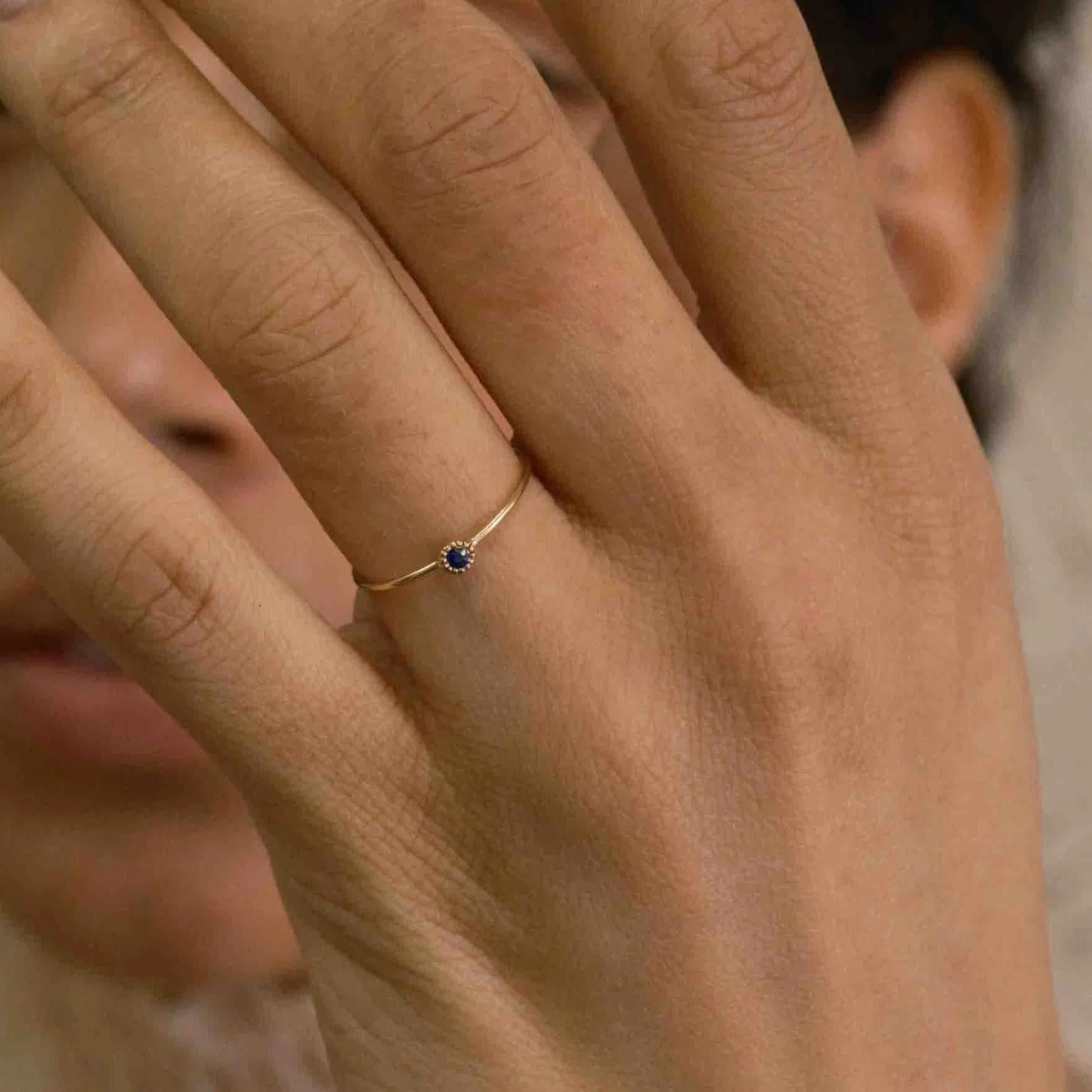 Round Blue Sapphire Moon Drop Ring