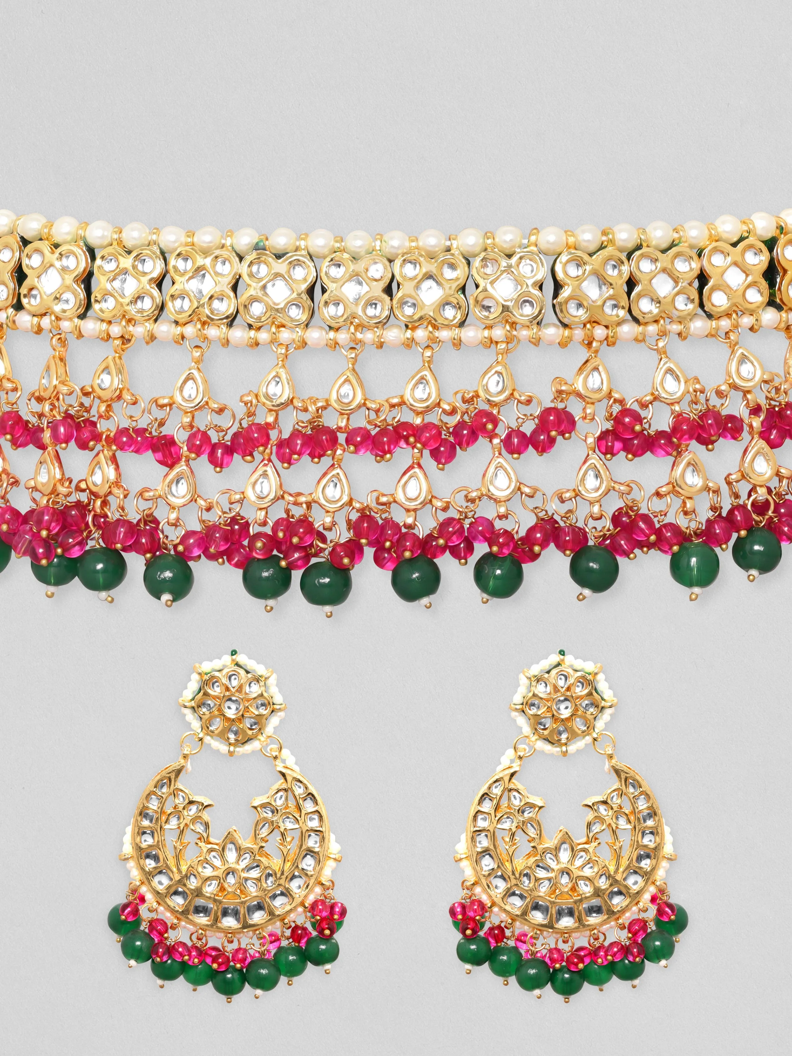 Rubans 24K Gold Plated Kundan Studded Pink & Green Beaded Choker Set