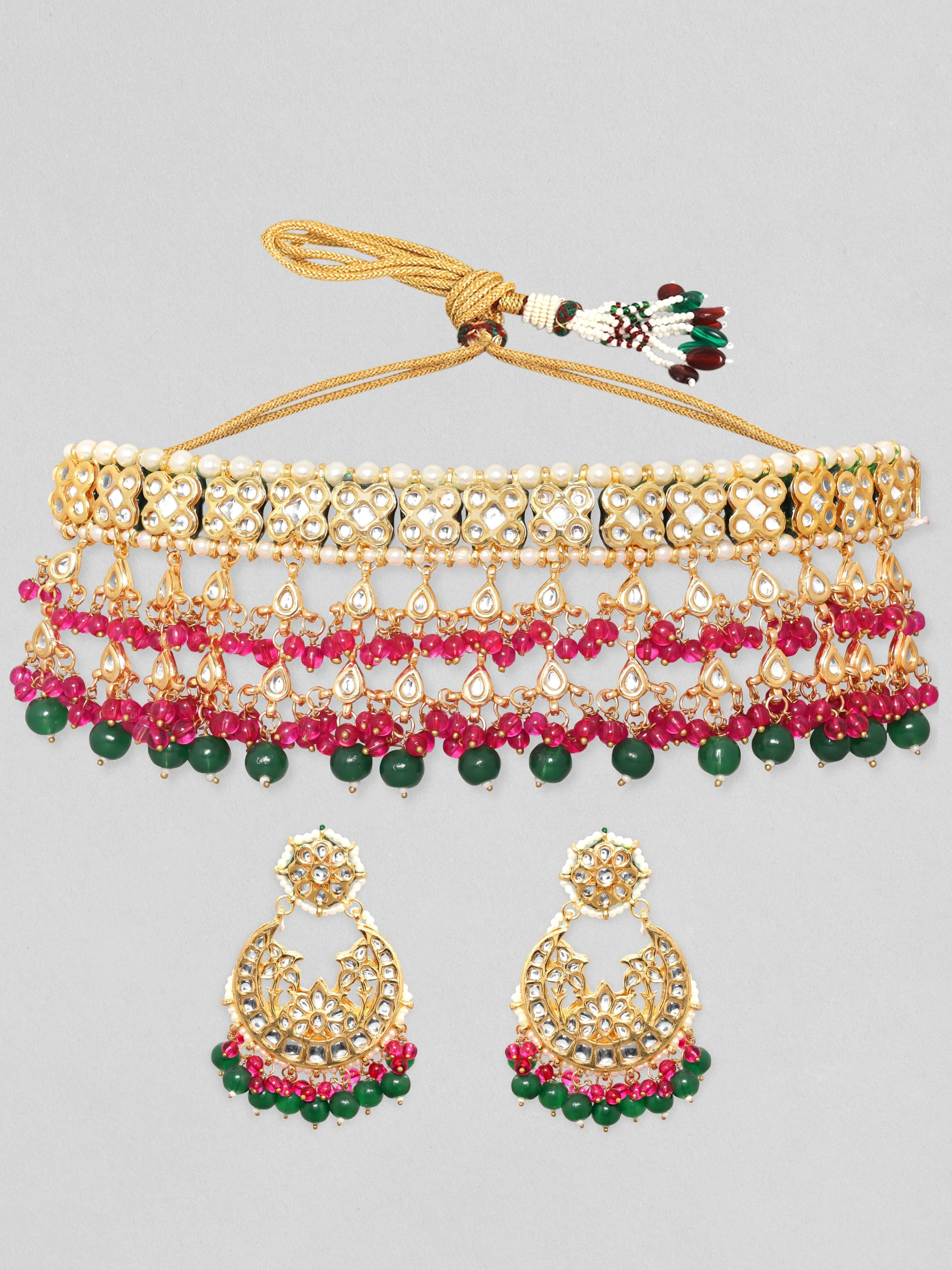 Rubans 24K Gold Plated Kundan Studded Pink & Green Beaded Choker Set