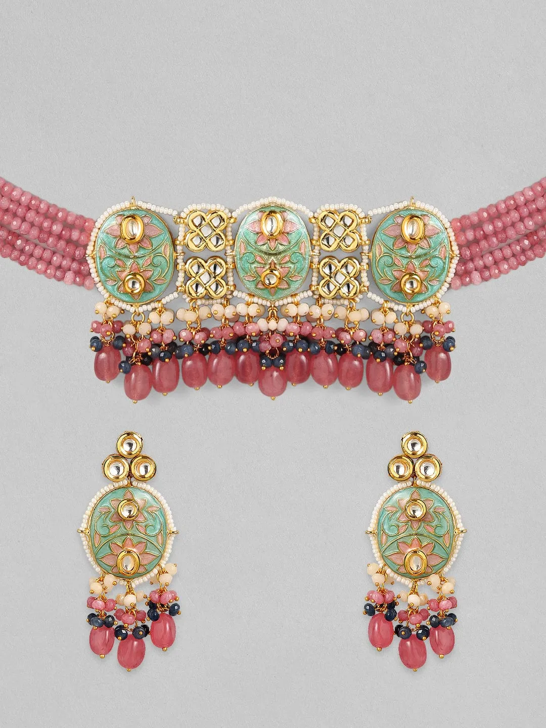 Rubans Luxury 24K Gold-Plated & Green Enamel And Kundan Stone Beaded Handcrafted Jewellery Set