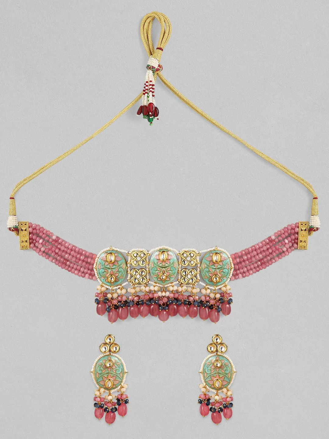 Rubans Luxury 24K Gold-Plated & Green Enamel And Kundan Stone Beaded Handcrafted Jewellery Set