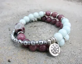 SALE - 27 Bead Mala Bracelet in Lepidolite, Plum Blossom Tourmaline and Amazonite