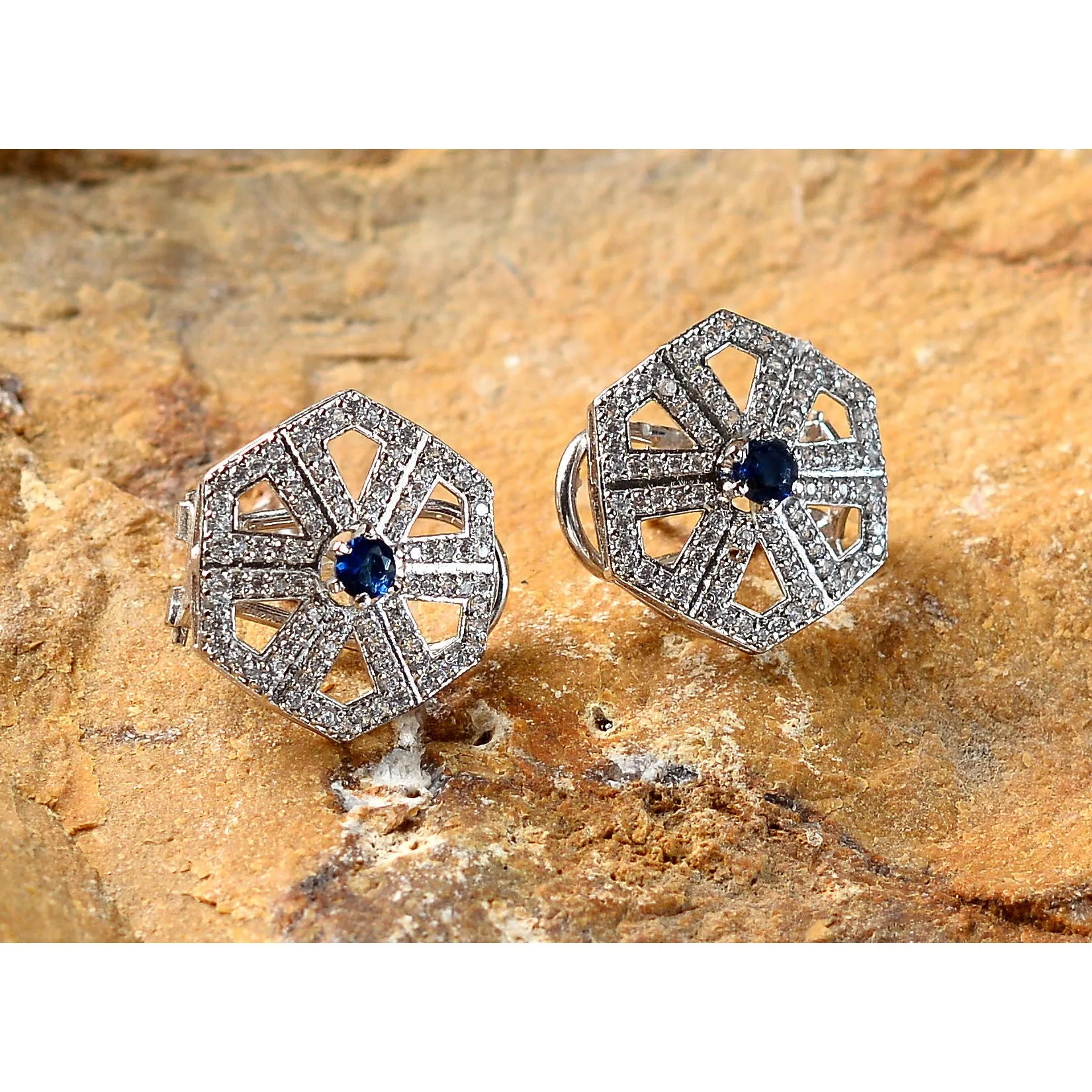 Saqafat Earrings | Blue Centered Stone Hexagon Design (925 Sterling Silver)