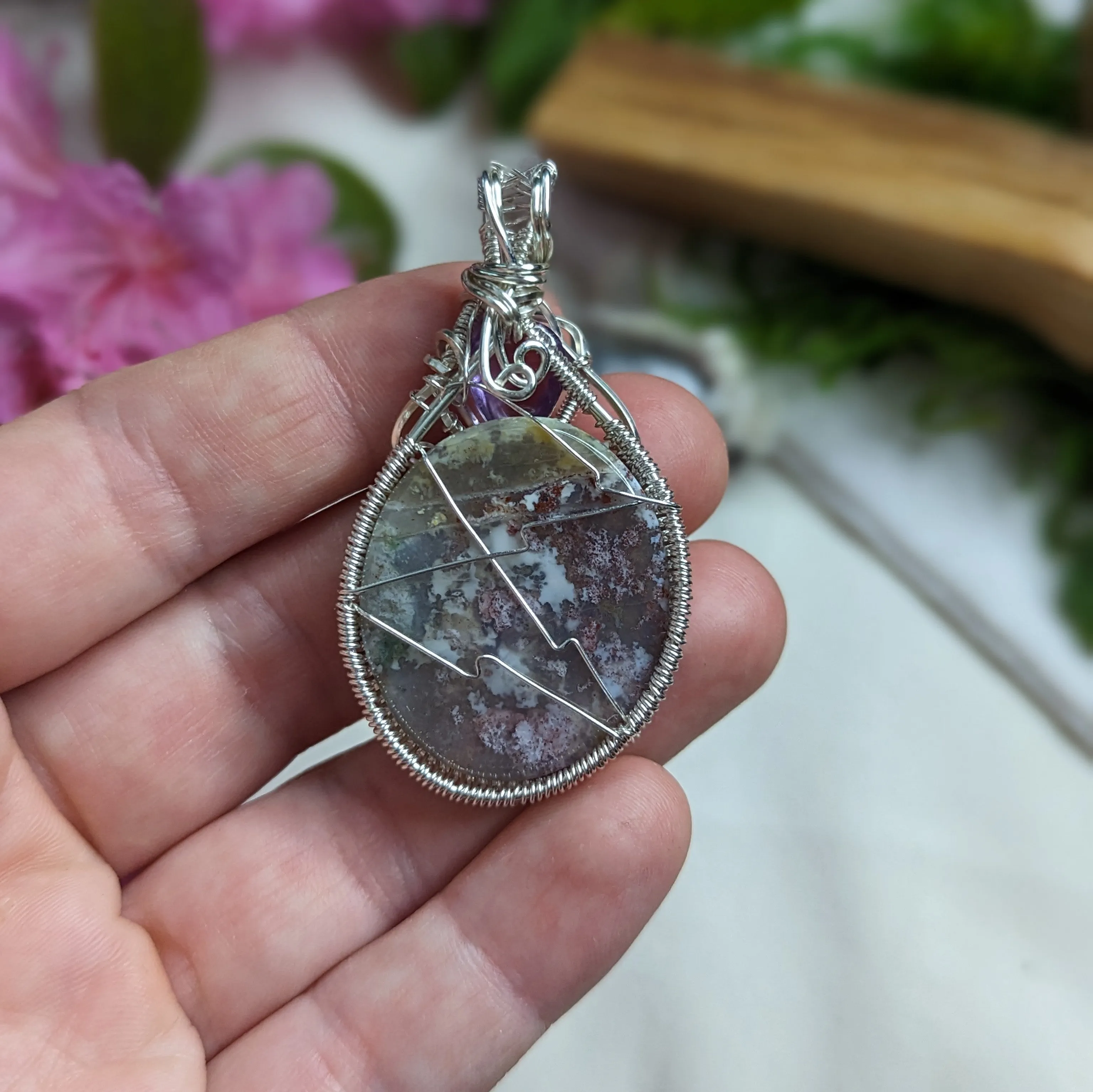 Scenic Moss Agate Pendant~ Wire Wrapped with Amethyst~ Includes Silver Chain