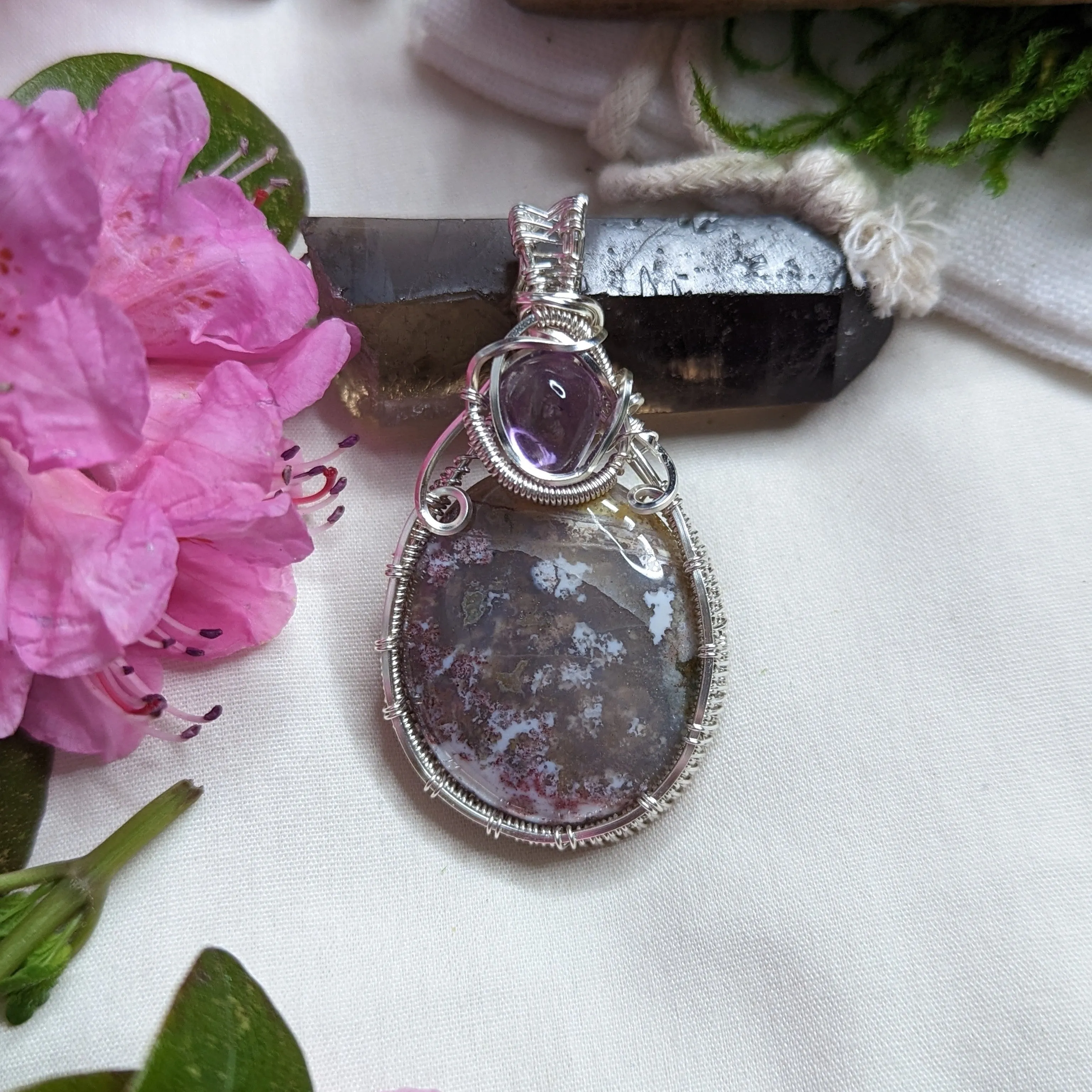 Scenic Moss Agate Pendant~ Wire Wrapped with Amethyst~ Includes Silver Chain