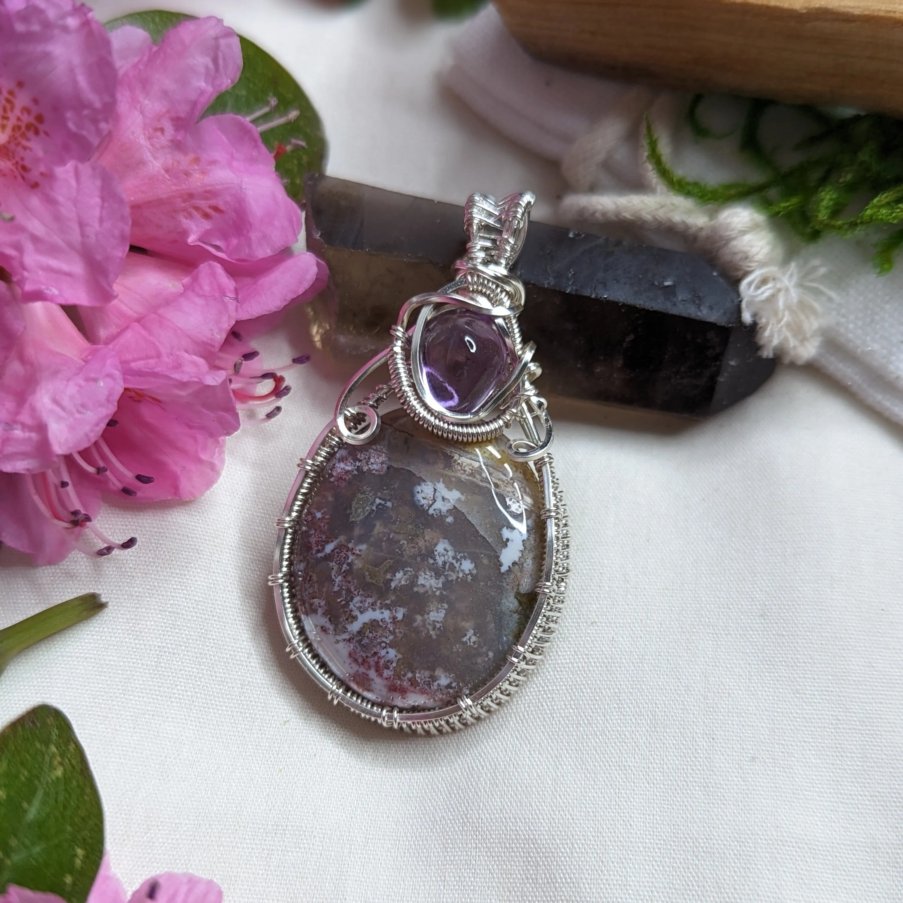 Scenic Moss Agate Pendant~ Wire Wrapped with Amethyst~ Includes Silver Chain