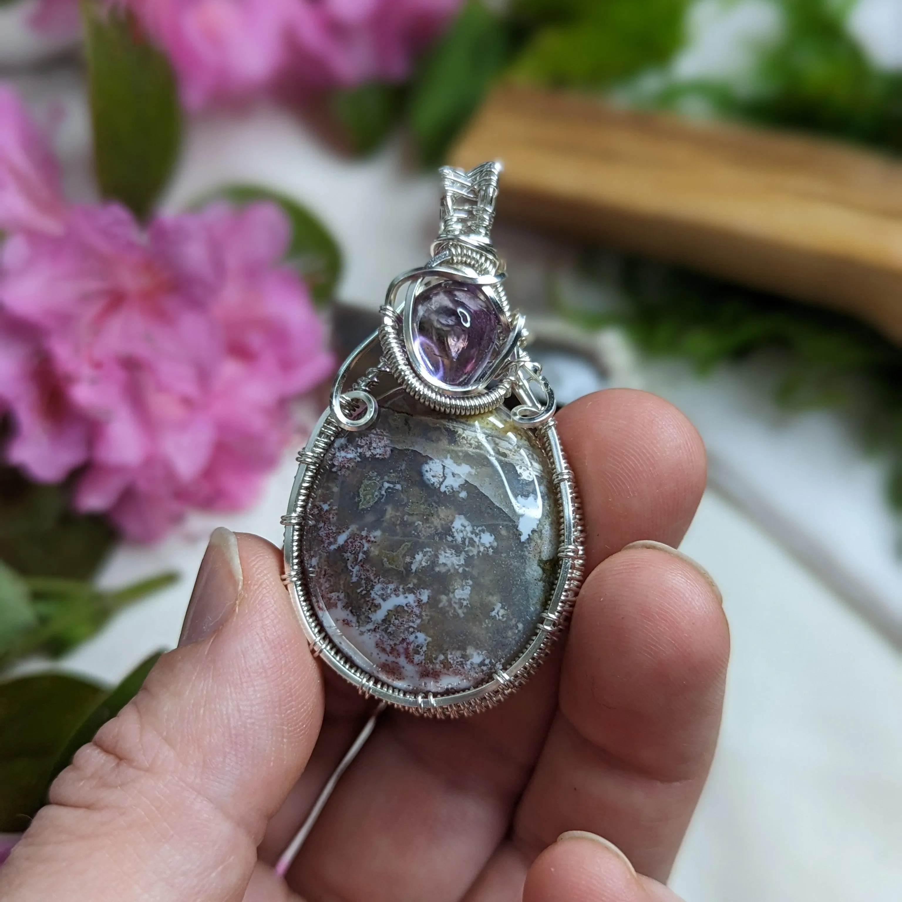 Scenic Moss Agate Pendant~ Wire Wrapped with Amethyst~ Includes Silver Chain