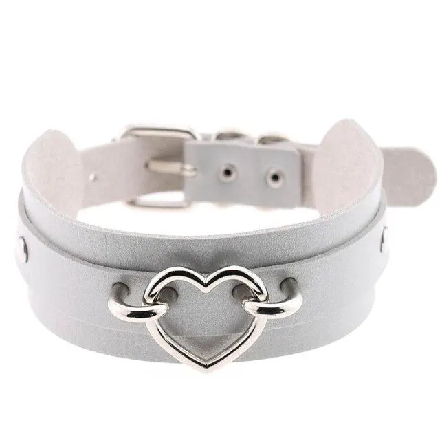 Silver Color Metal Heart Collar Choker Leather Handmade Punk Harajuku Necklace