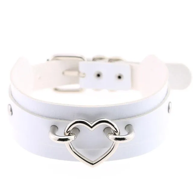 Silver Color Metal Heart Collar Choker Leather Handmade Punk Harajuku Necklace