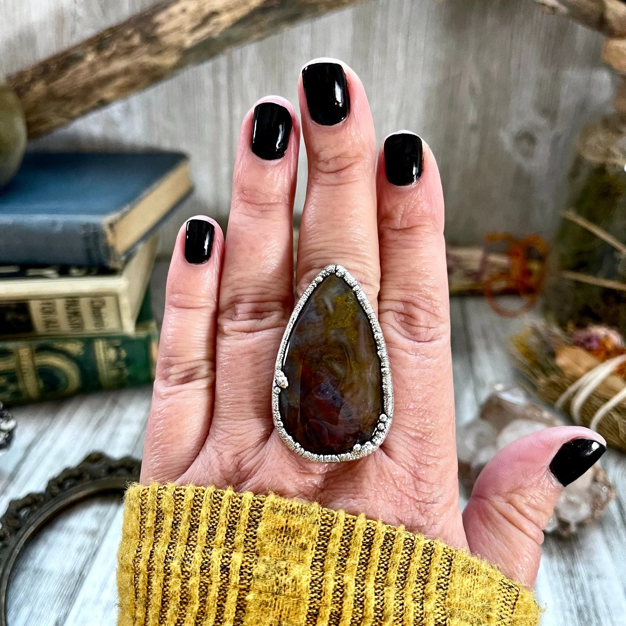 Size 10 Silver Natural Fancy Moss Agate Crystal Statement Ring / Foxlark Collection - One of a Kind