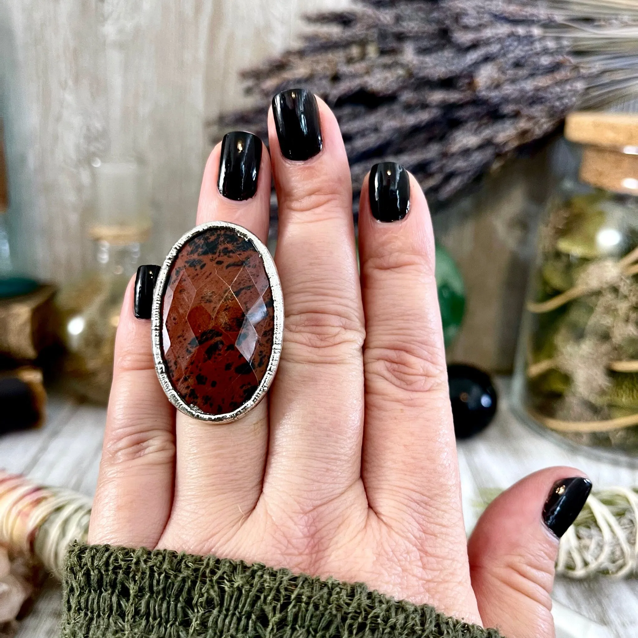 Size 5 Big Mahogany Obsidian Statement Ring in Fine Silver / Foxlark Collection - One of a Kind