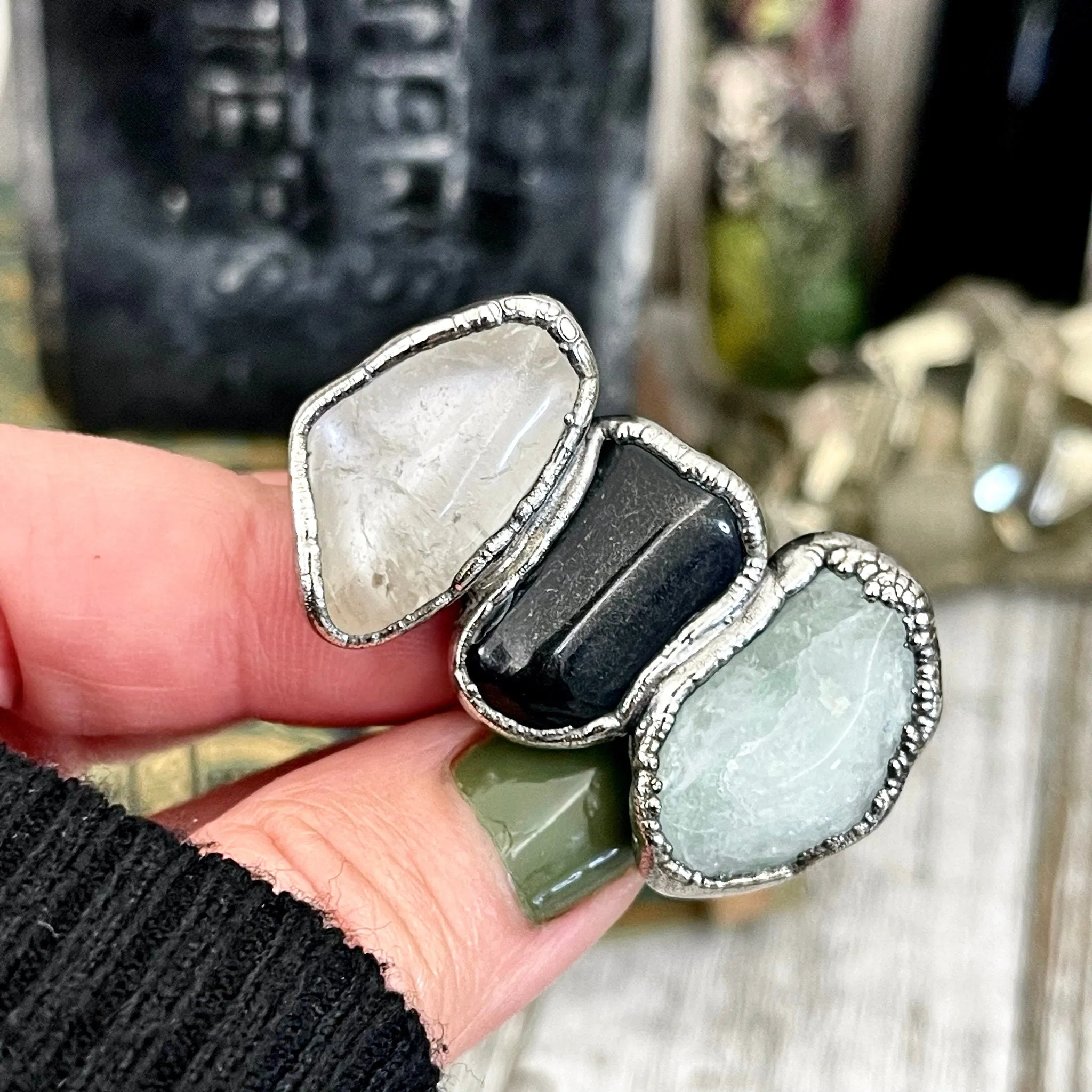 Size 6 Crystal Ring - Three Stone Ring Black Onyx Clear Quartz Aquamarine Silver Ring / Foxlark Collection - One of a Kind