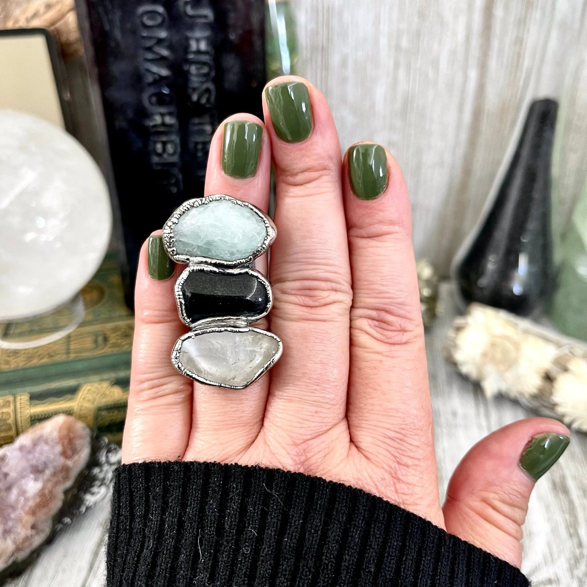 Size 6 Crystal Ring - Three Stone Ring Black Onyx Clear Quartz Aquamarine Silver Ring / Foxlark Collection - One of a Kind