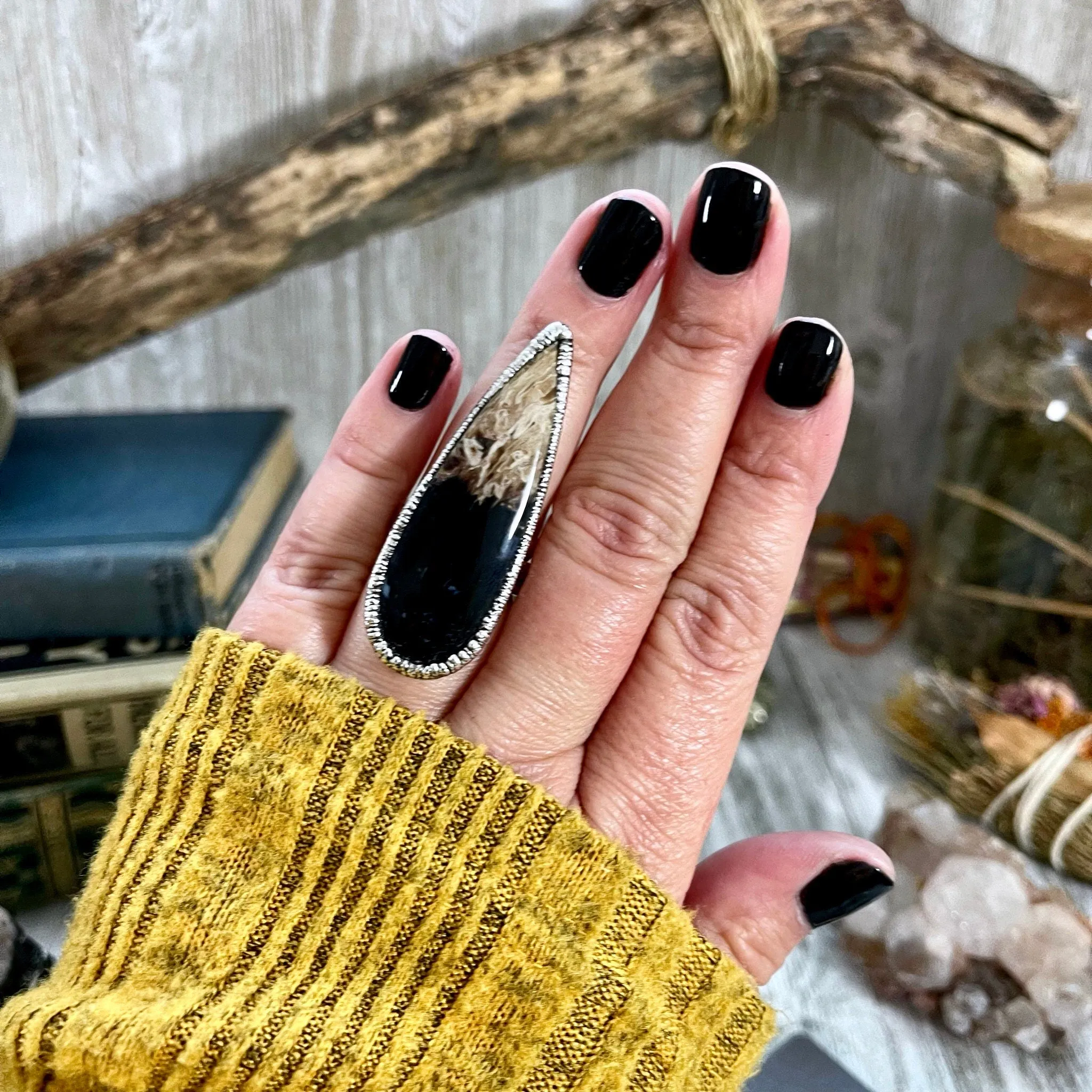 Size 6 Large Fossilized Palm Root Statement Ring in Fine Silver - Black Stone Ring / Foxlark Collection - One of a Kind