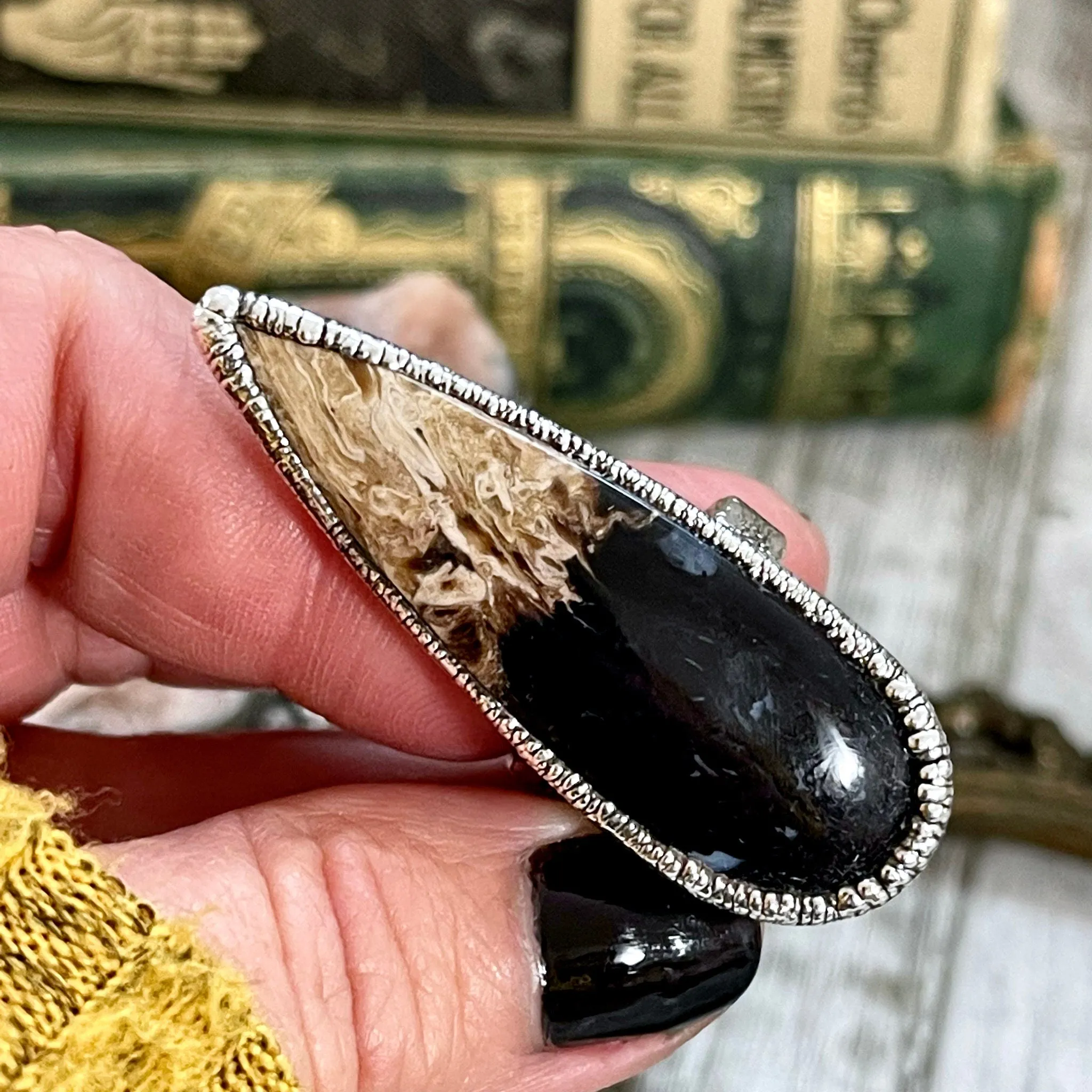 Size 6 Large Fossilized Palm Root Statement Ring in Fine Silver - Black Stone Ring / Foxlark Collection - One of a Kind