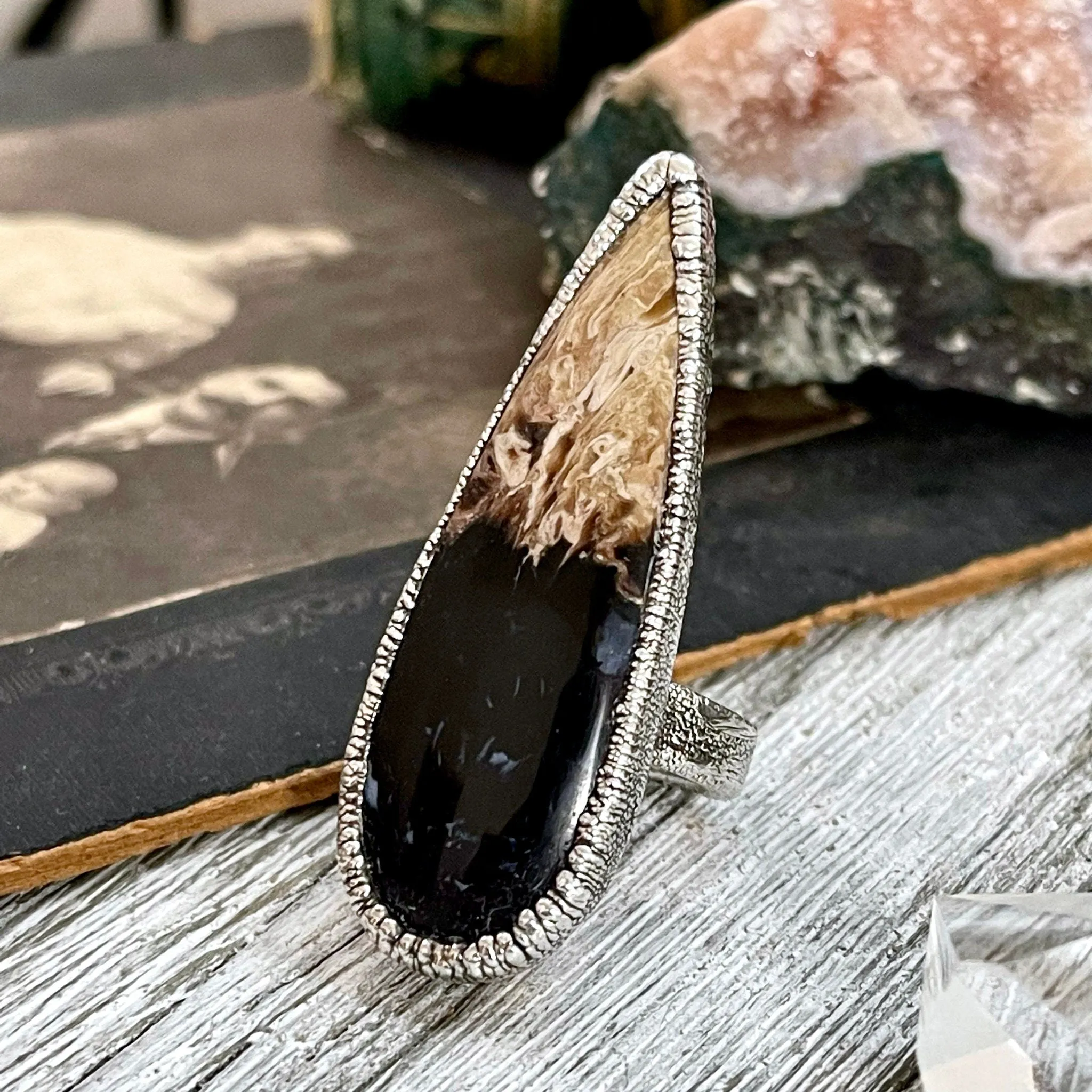 Size 6 Large Fossilized Palm Root Statement Ring in Fine Silver - Black Stone Ring / Foxlark Collection - One of a Kind