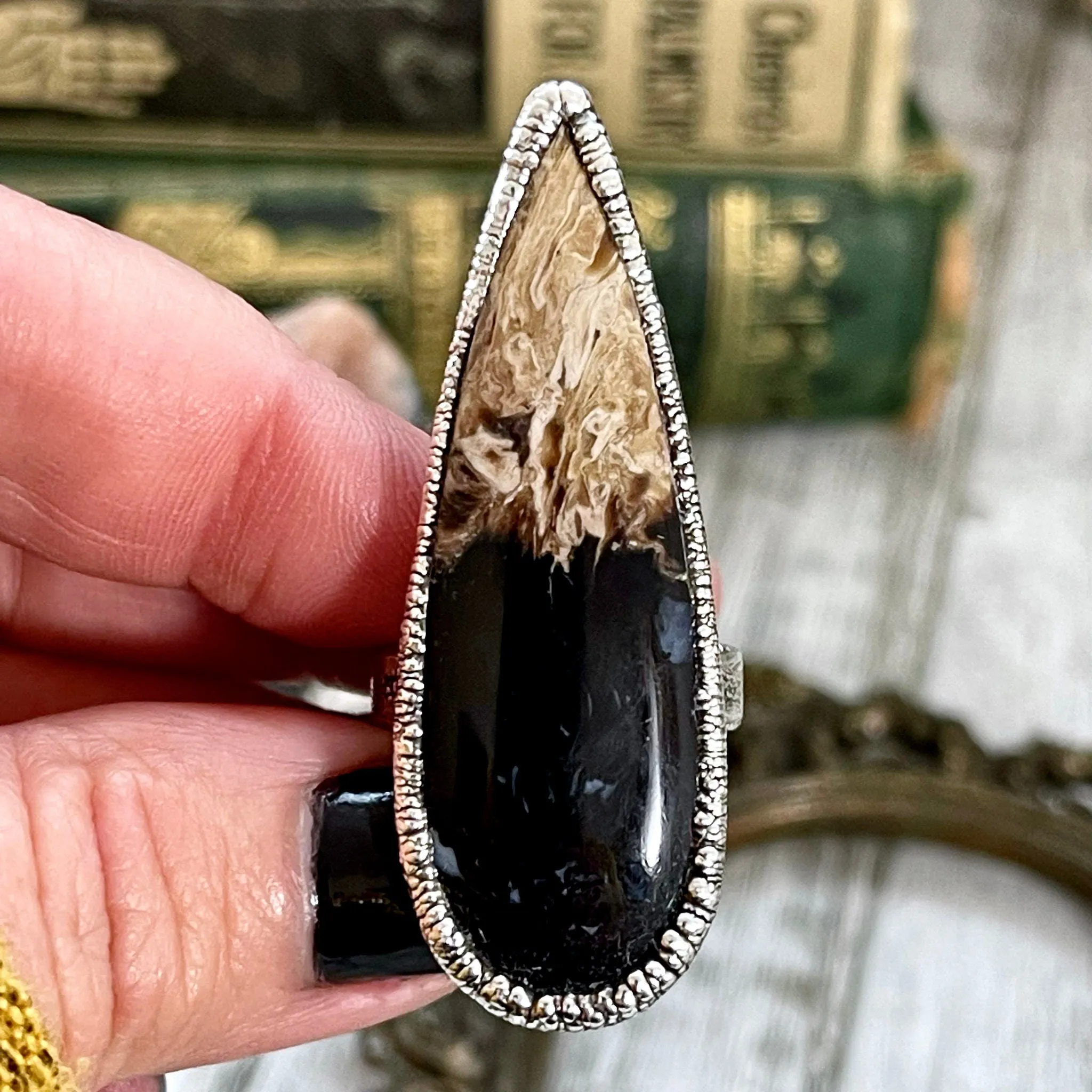 Size 6 Large Fossilized Palm Root Statement Ring in Fine Silver - Black Stone Ring / Foxlark Collection - One of a Kind