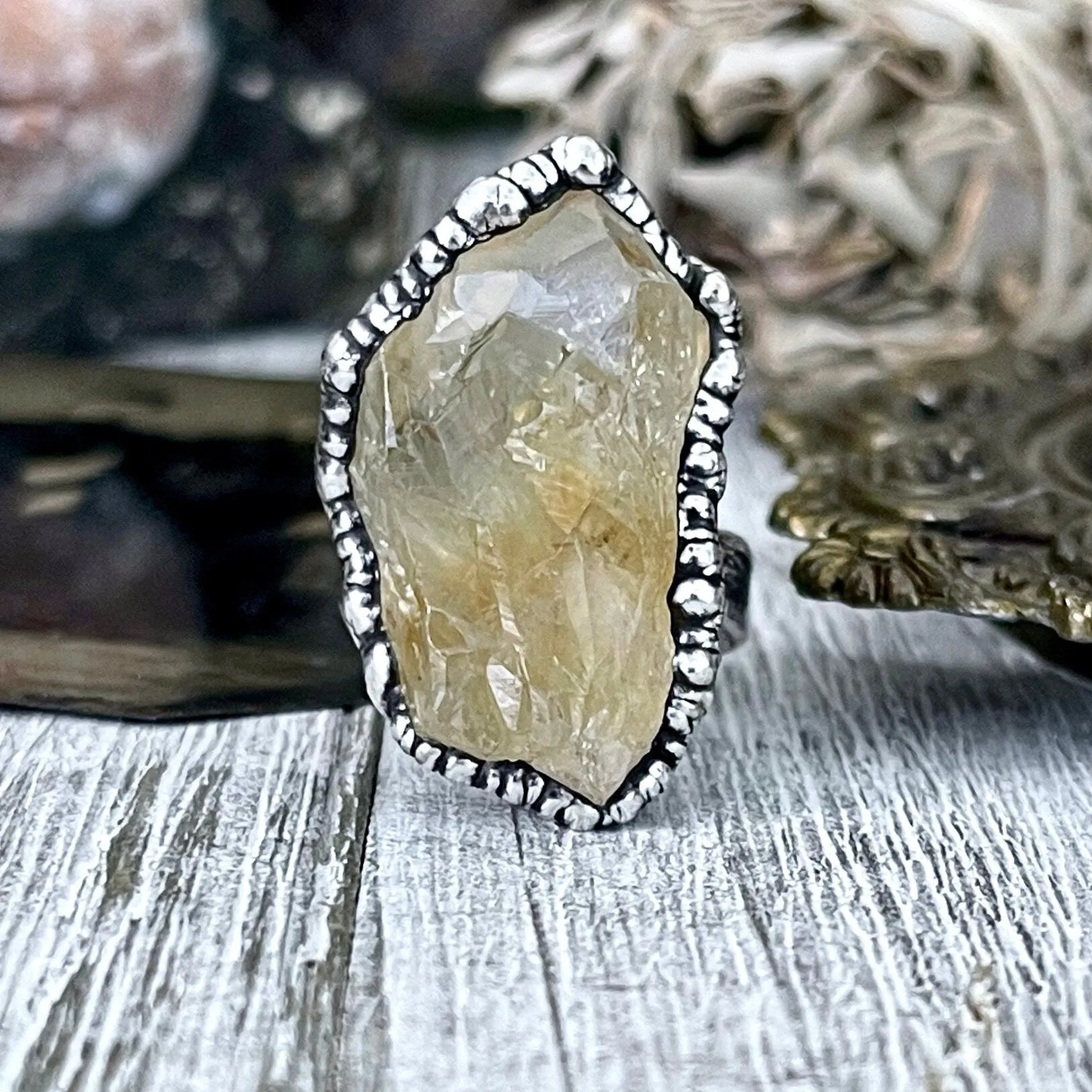 Size 6 Raw Citrine Crystal Point Ring Set in Fine Silver  / Foxlark Collection - One of a Kind