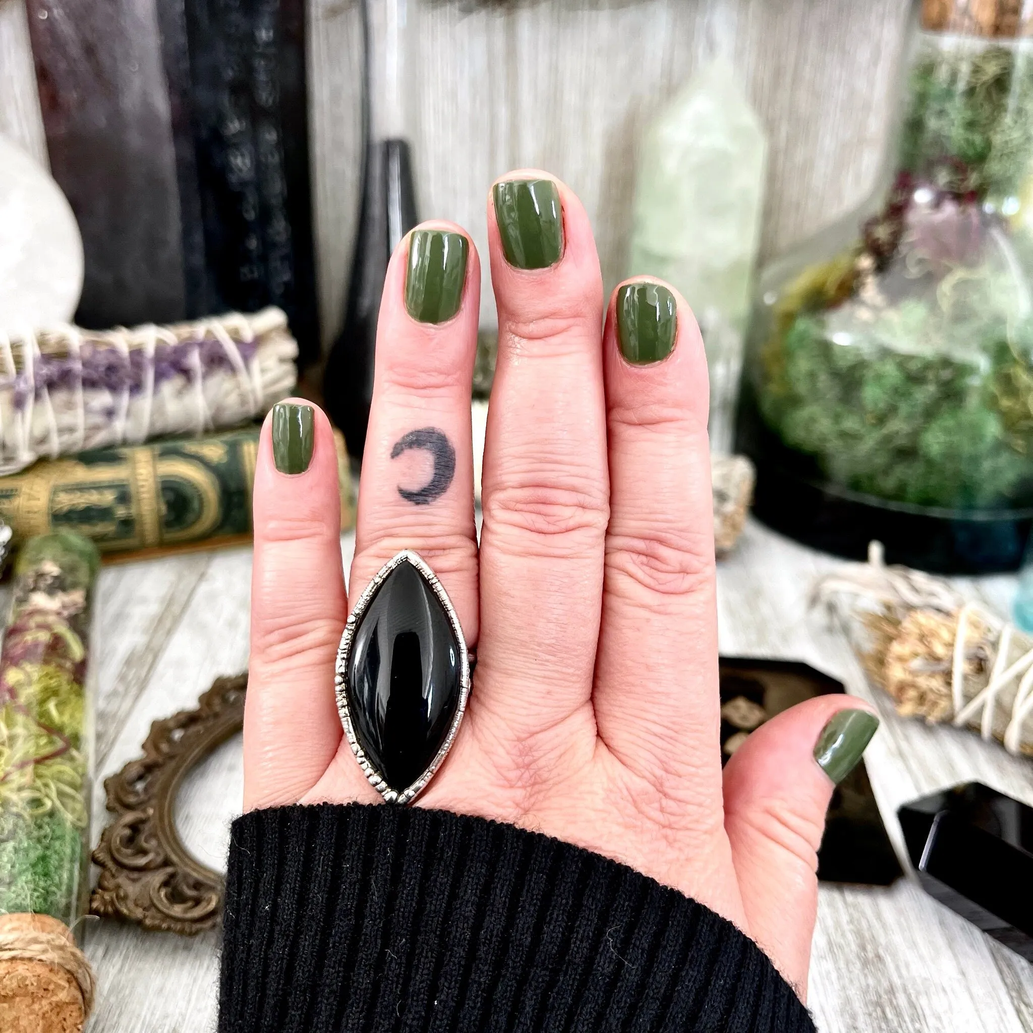 Size 7.5 Natural Black Onyx Ring in Fine Silver /  Large Crystal Ring  - Black Stone Ring - Silver Crystal Ring - Bohemian Jewelry Gemstone