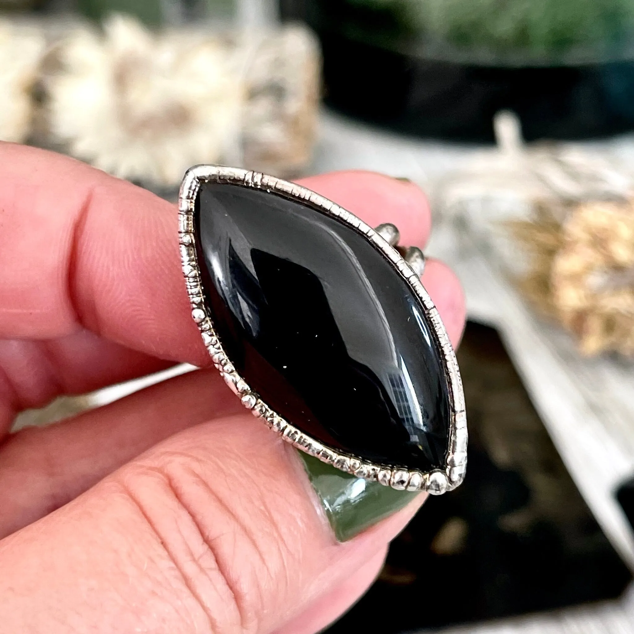 Size 7.5 Natural Black Onyx Ring in Fine Silver /  Large Crystal Ring  - Black Stone Ring - Silver Crystal Ring - Bohemian Jewelry Gemstone