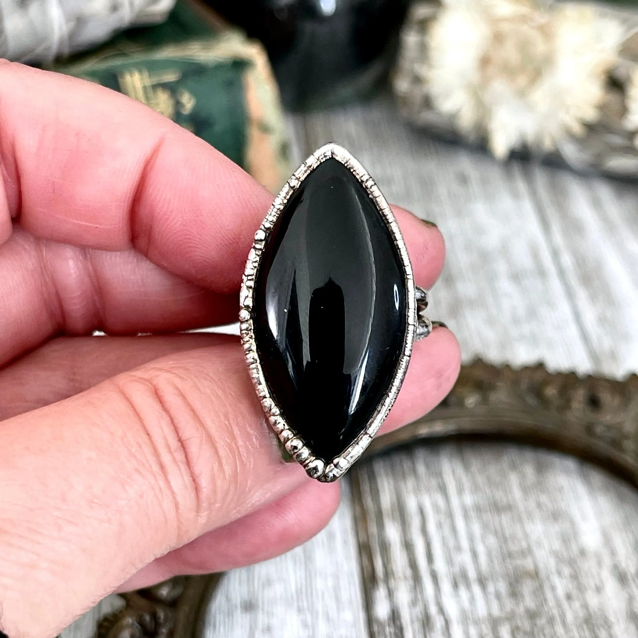 Size 7.5 Natural Black Onyx Ring in Fine Silver /  Large Crystal Ring  - Black Stone Ring - Silver Crystal Ring - Bohemian Jewelry Gemstone