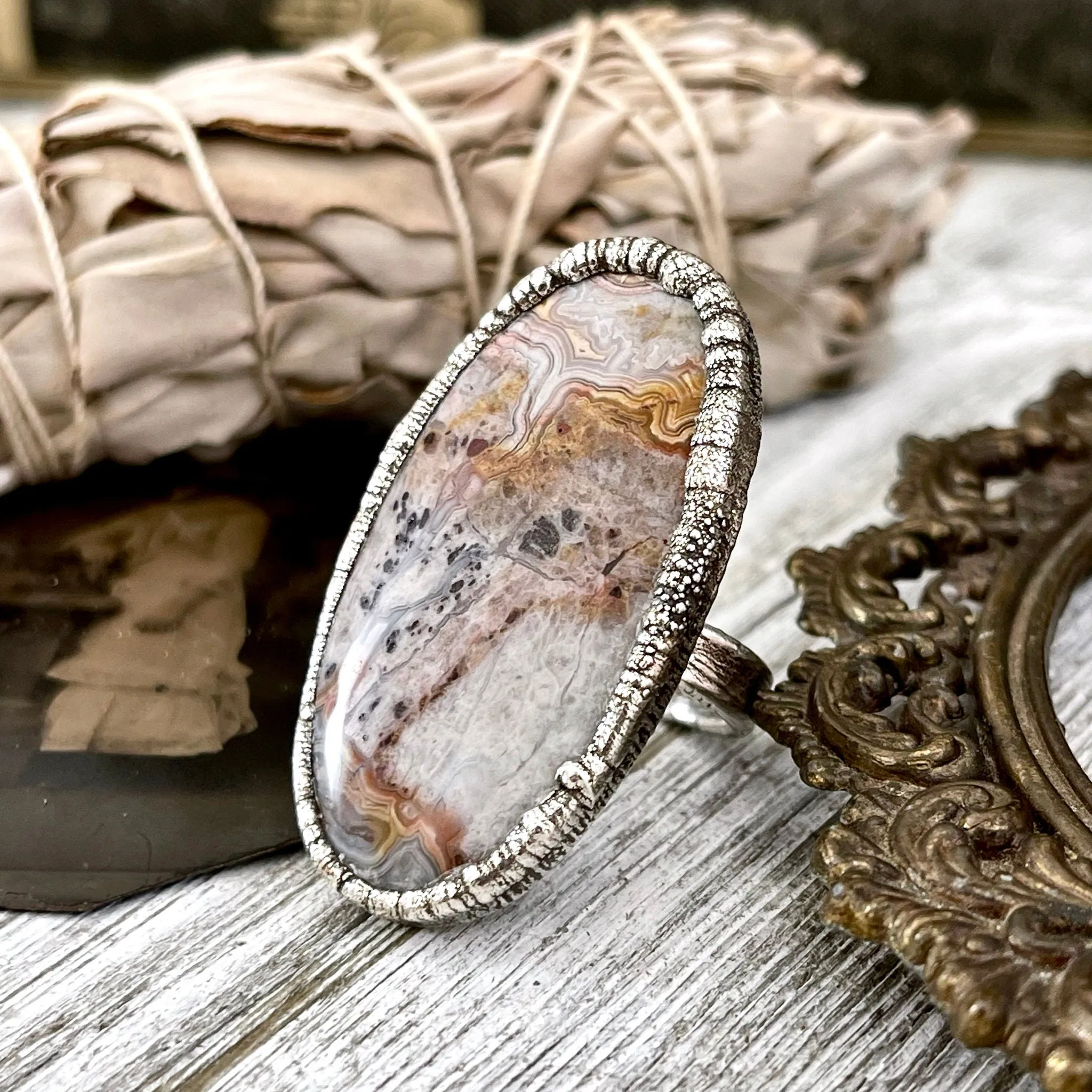 Size 7.5 Silver Natural Fancy Lace Agate Crystal Statement Ring / Foxlark Collection - One of a Kind