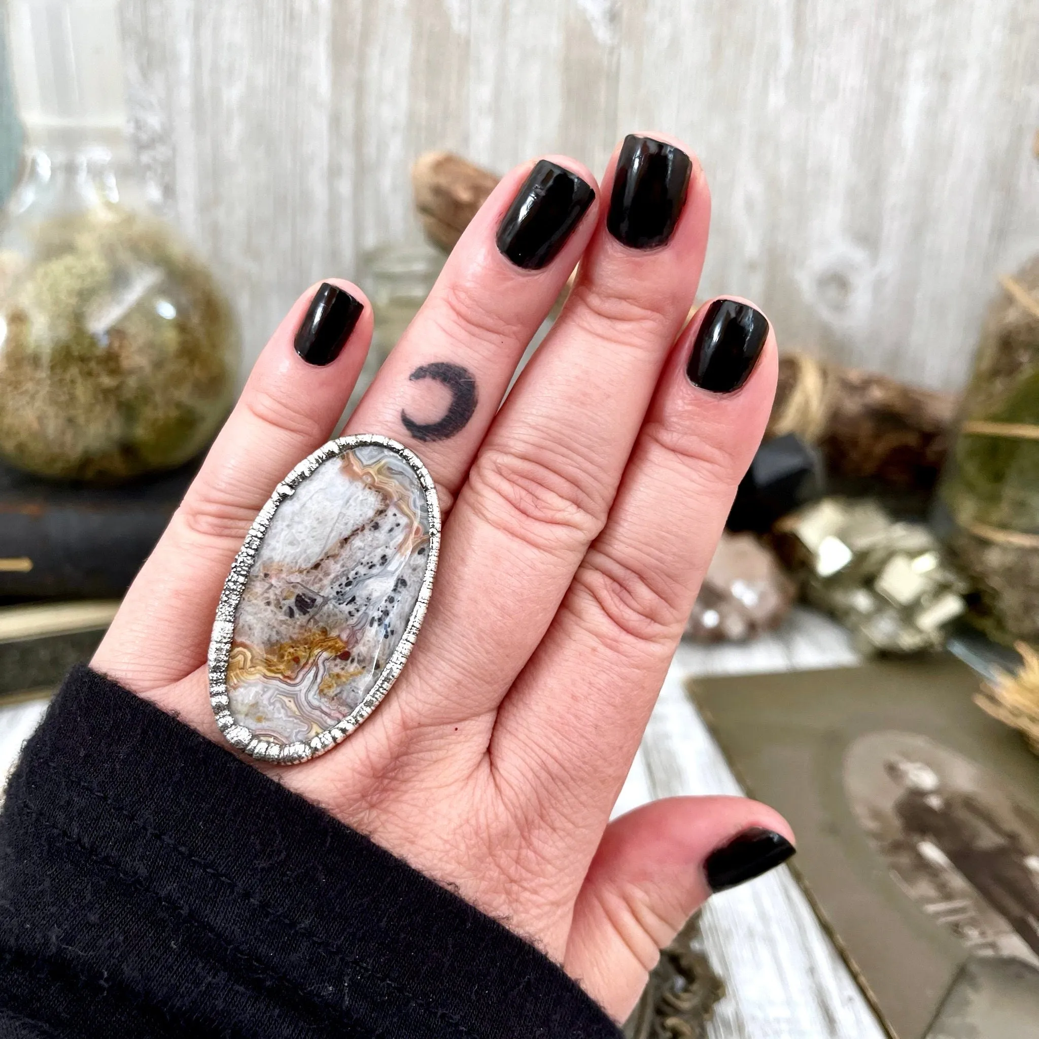 Size 7.5 Silver Natural Fancy Lace Agate Crystal Statement Ring / Foxlark Collection - One of a Kind