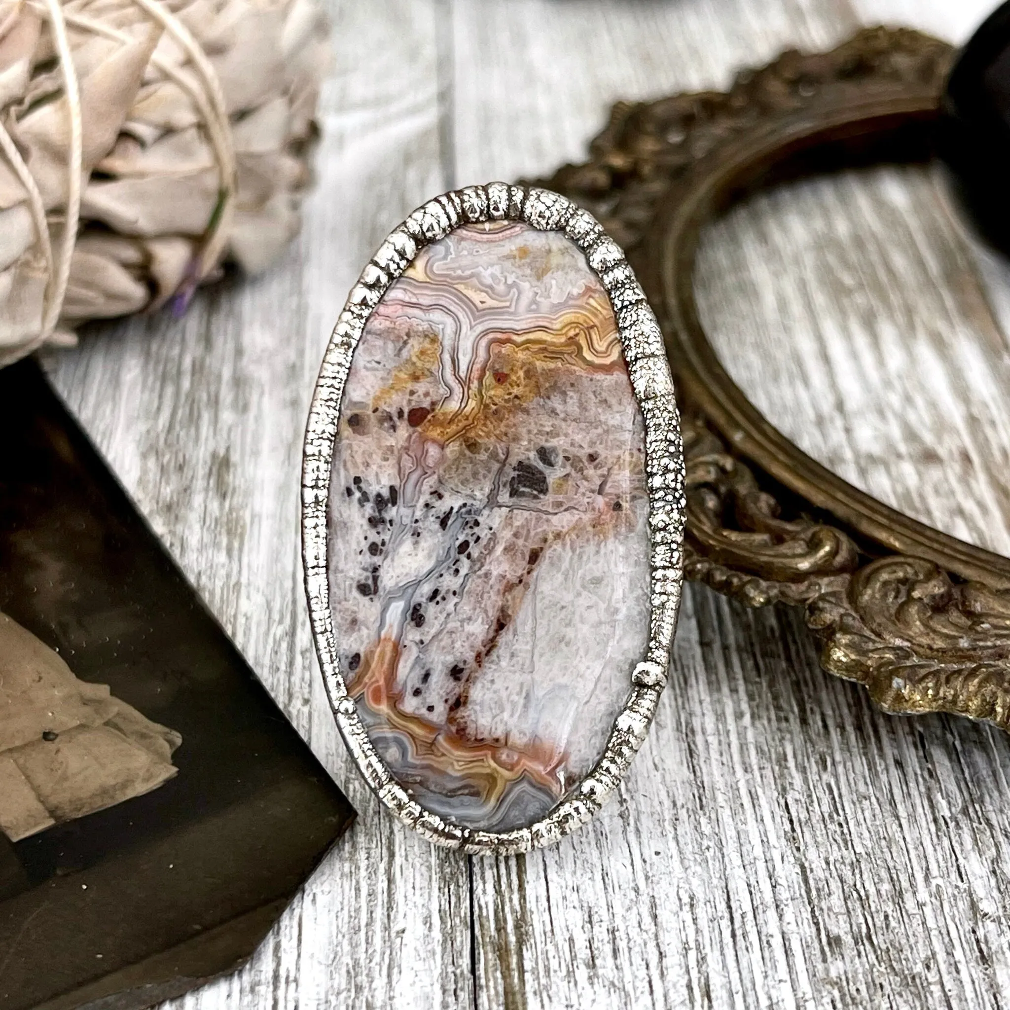 Size 7.5 Silver Natural Fancy Lace Agate Crystal Statement Ring / Foxlark Collection - One of a Kind