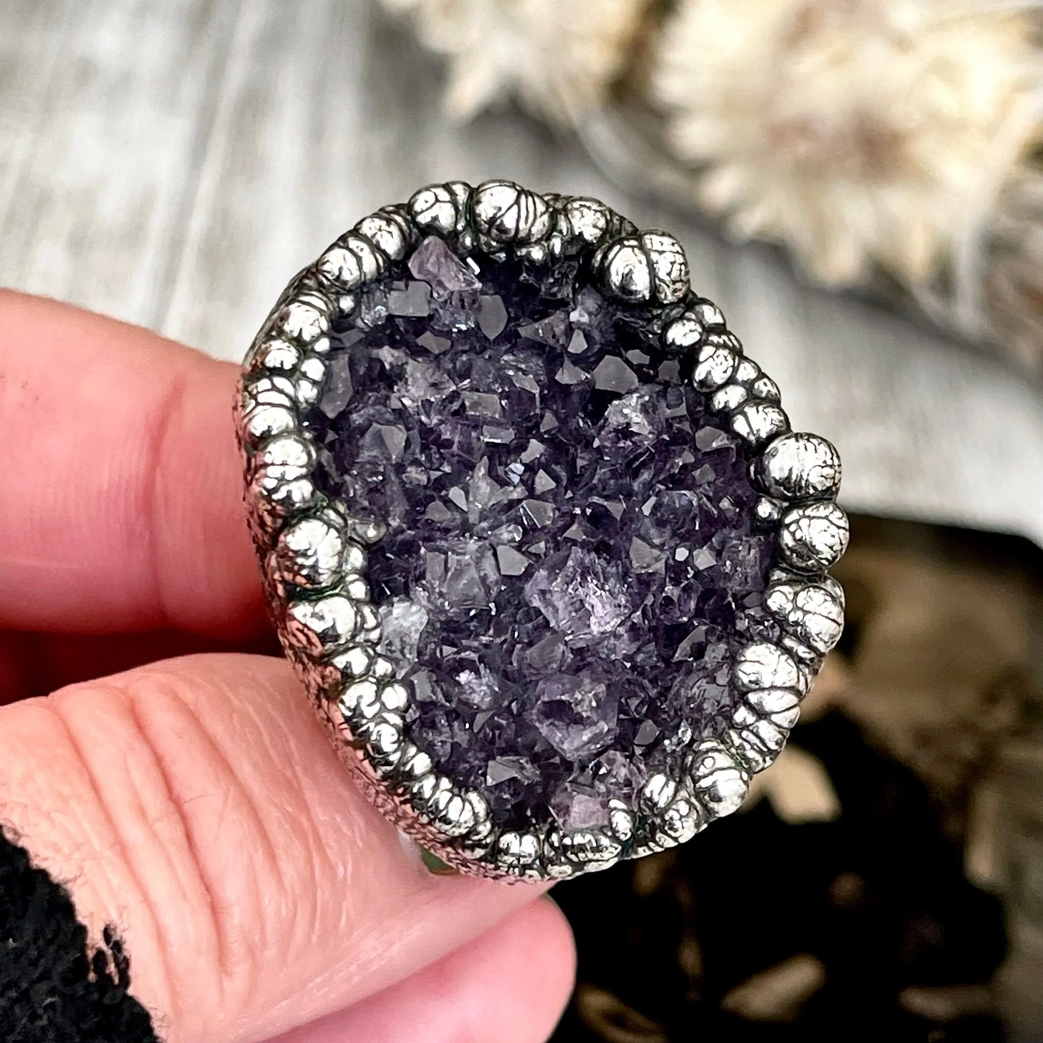 Size 8.5 Big Raw Amethyst Purple Crystal Ring in Fine Silver / Foxlark Collection - One of a Kind